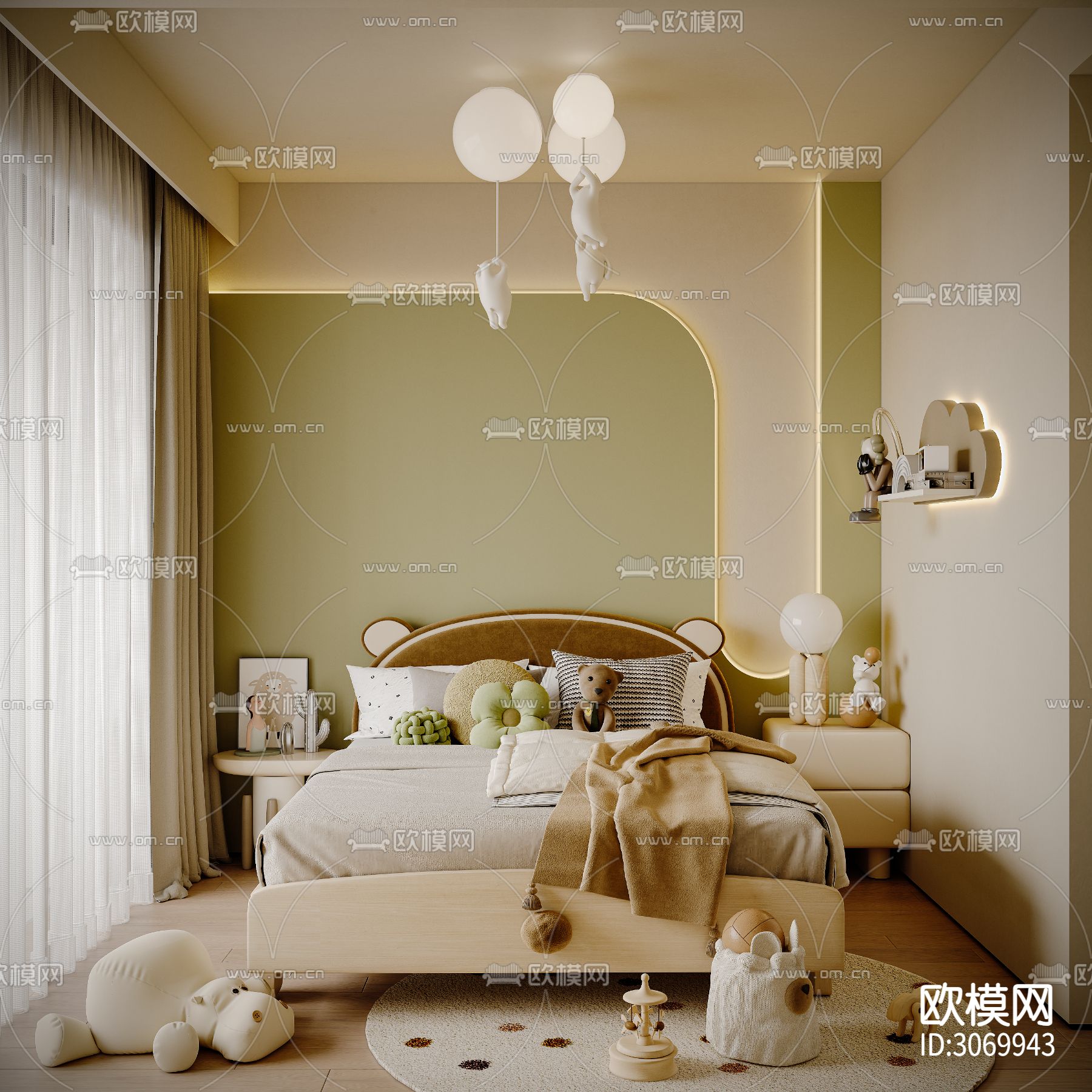 奶油风客餐厅 书房 卧室装修效果图下载（渲染图10）