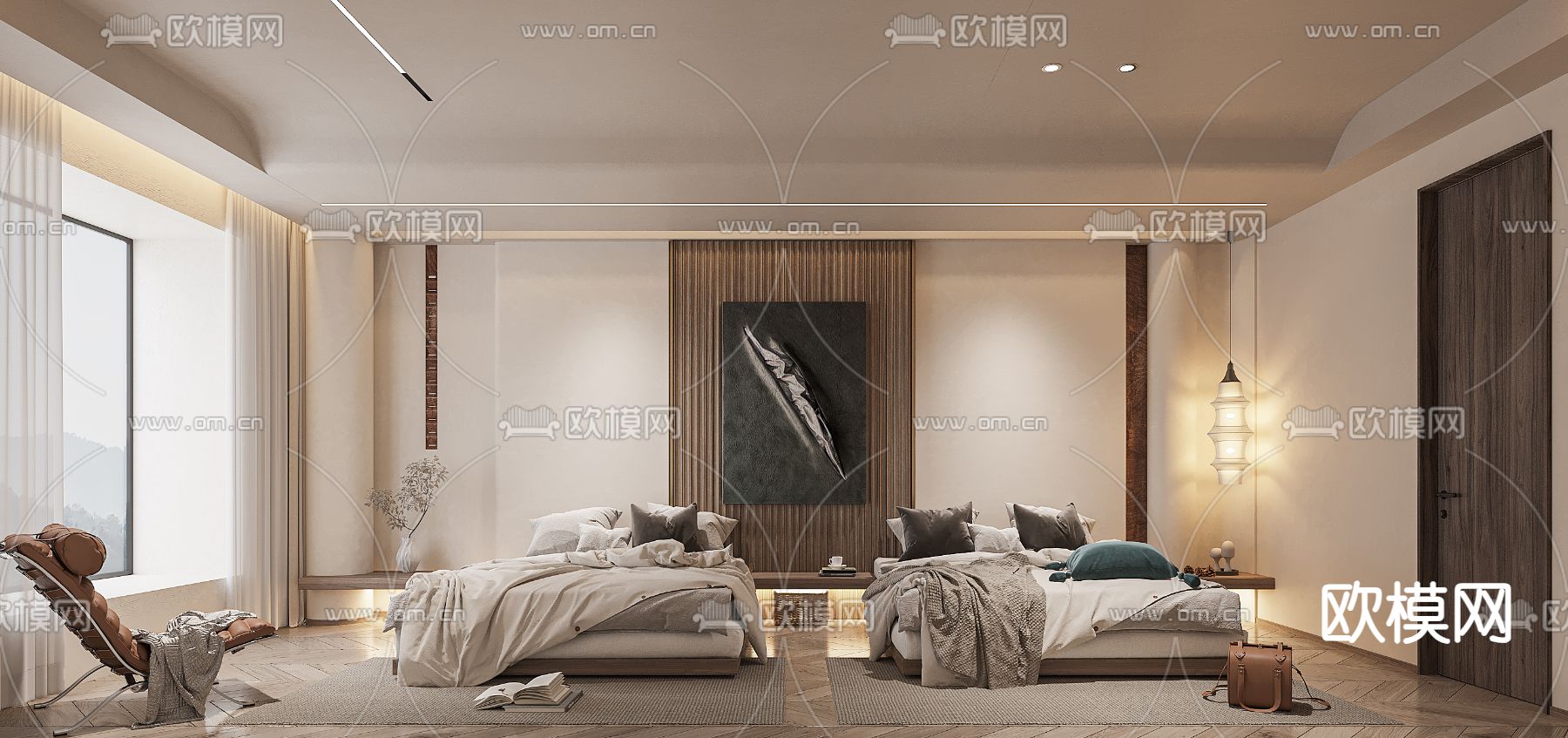 侘寂酒店客房 双床房3d模型下载