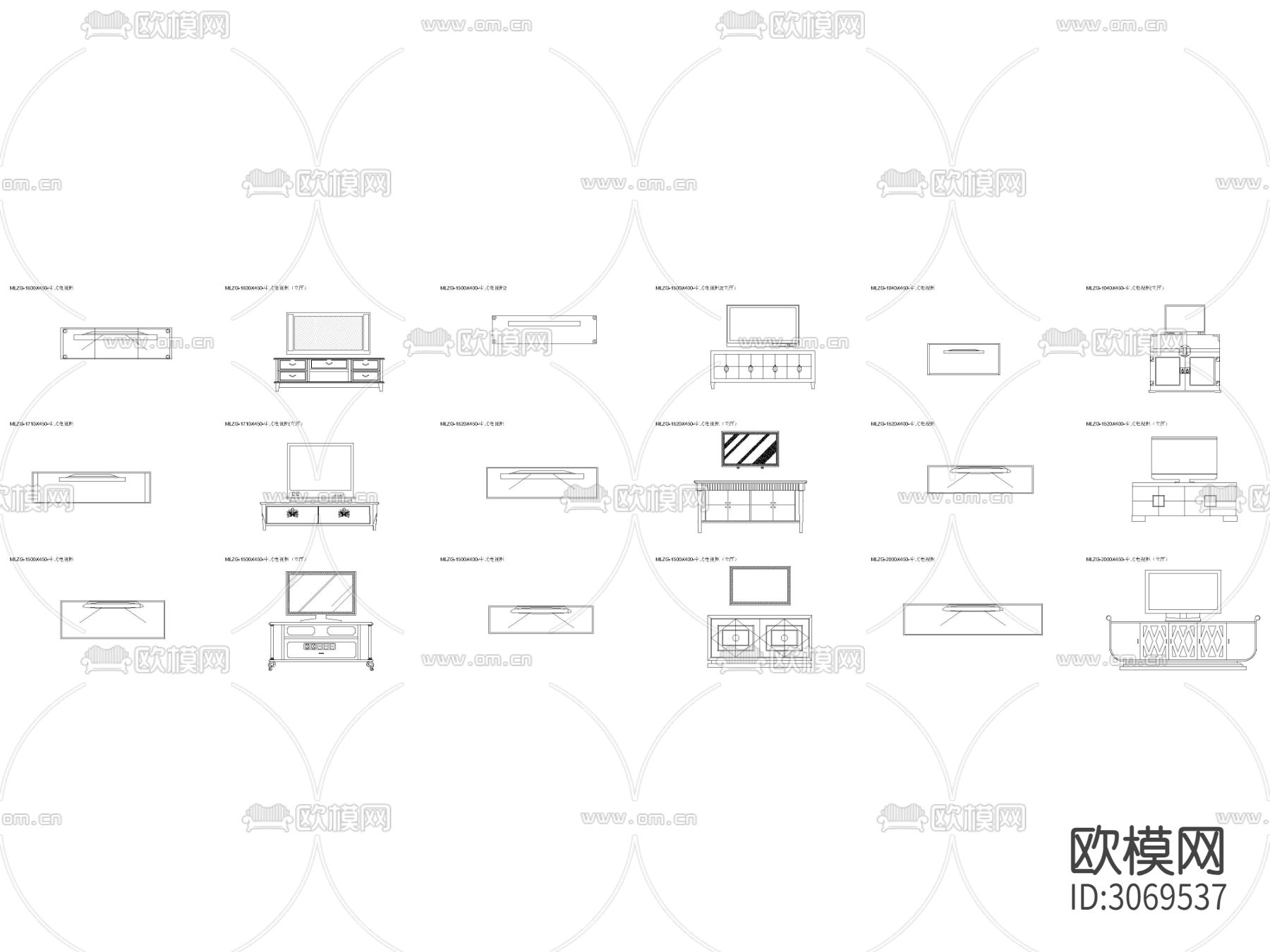 中式电视柜带抽屉带储物柜平面图cad图库下载