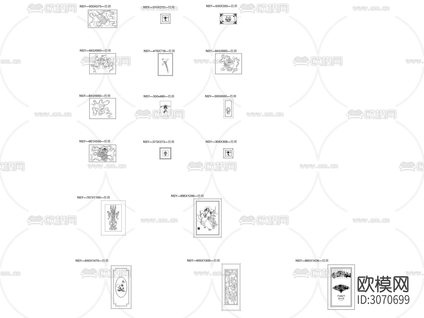 中式传统风格挂画立面cad图库下载（渲染图2）