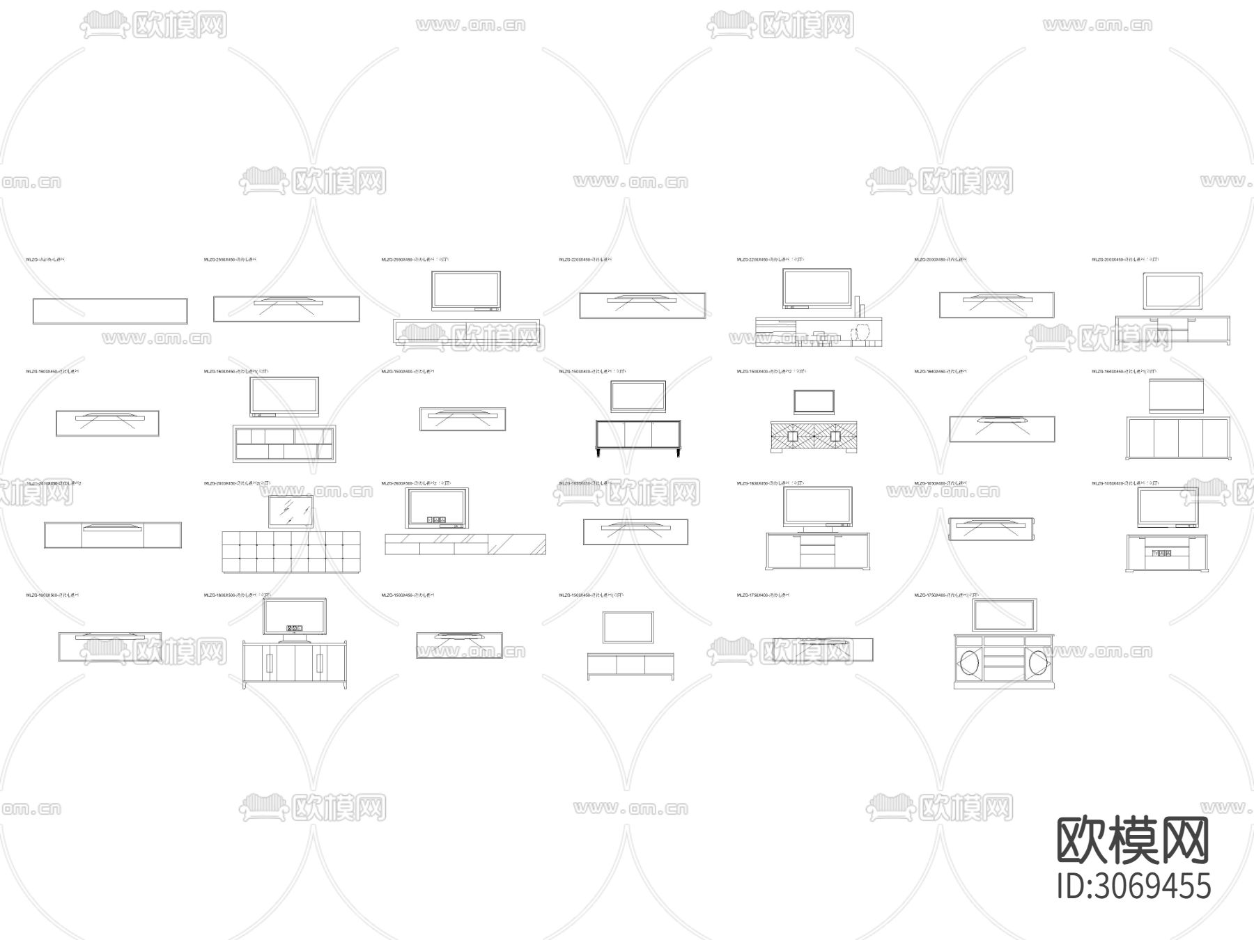 现代电视柜带储物功能柜平面图cad图库下载