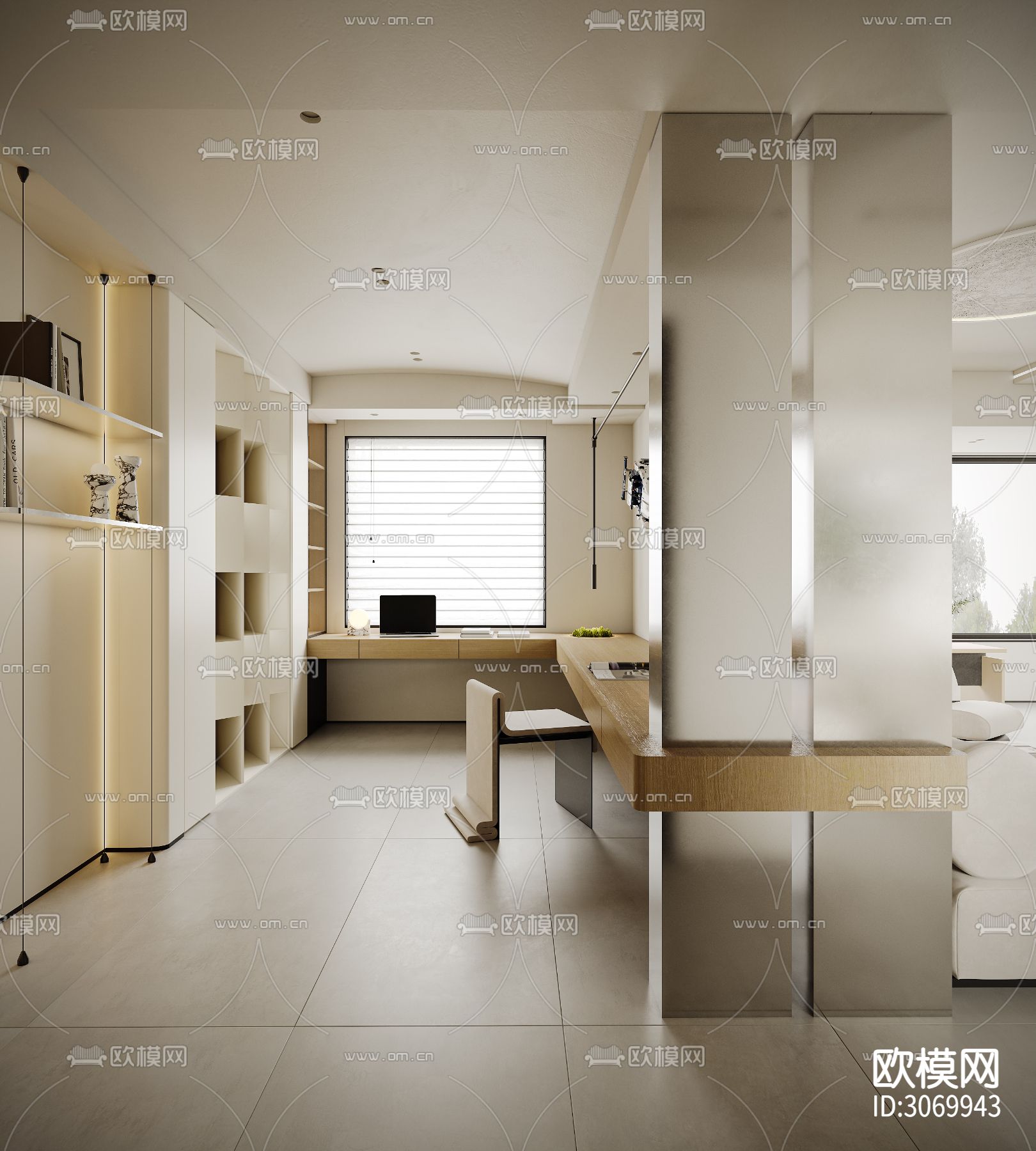 奶油风客餐厅 书房 卧室装修效果图下载（渲染图8）