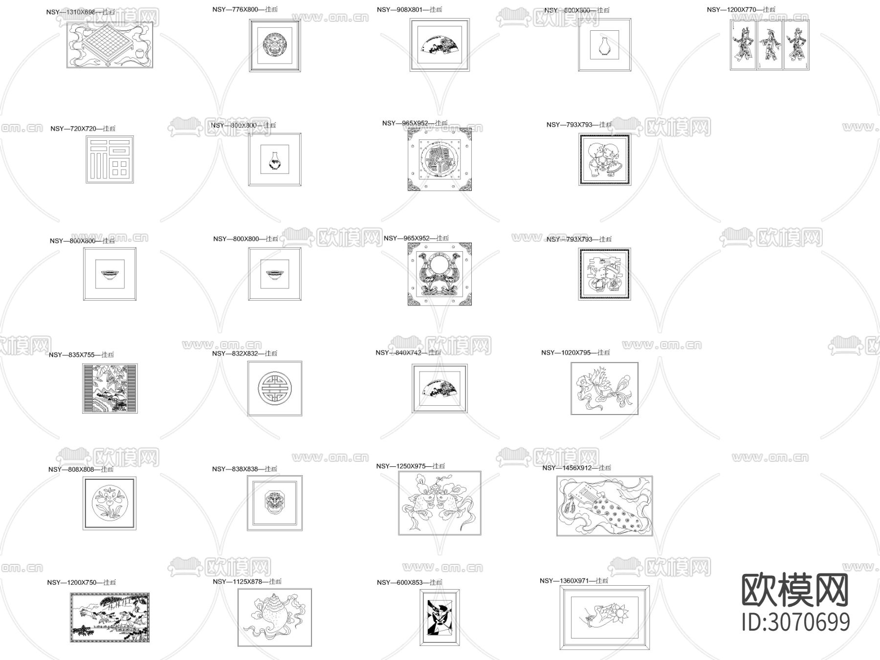 中式传统风格挂画立面cad图库下载（渲染图1）