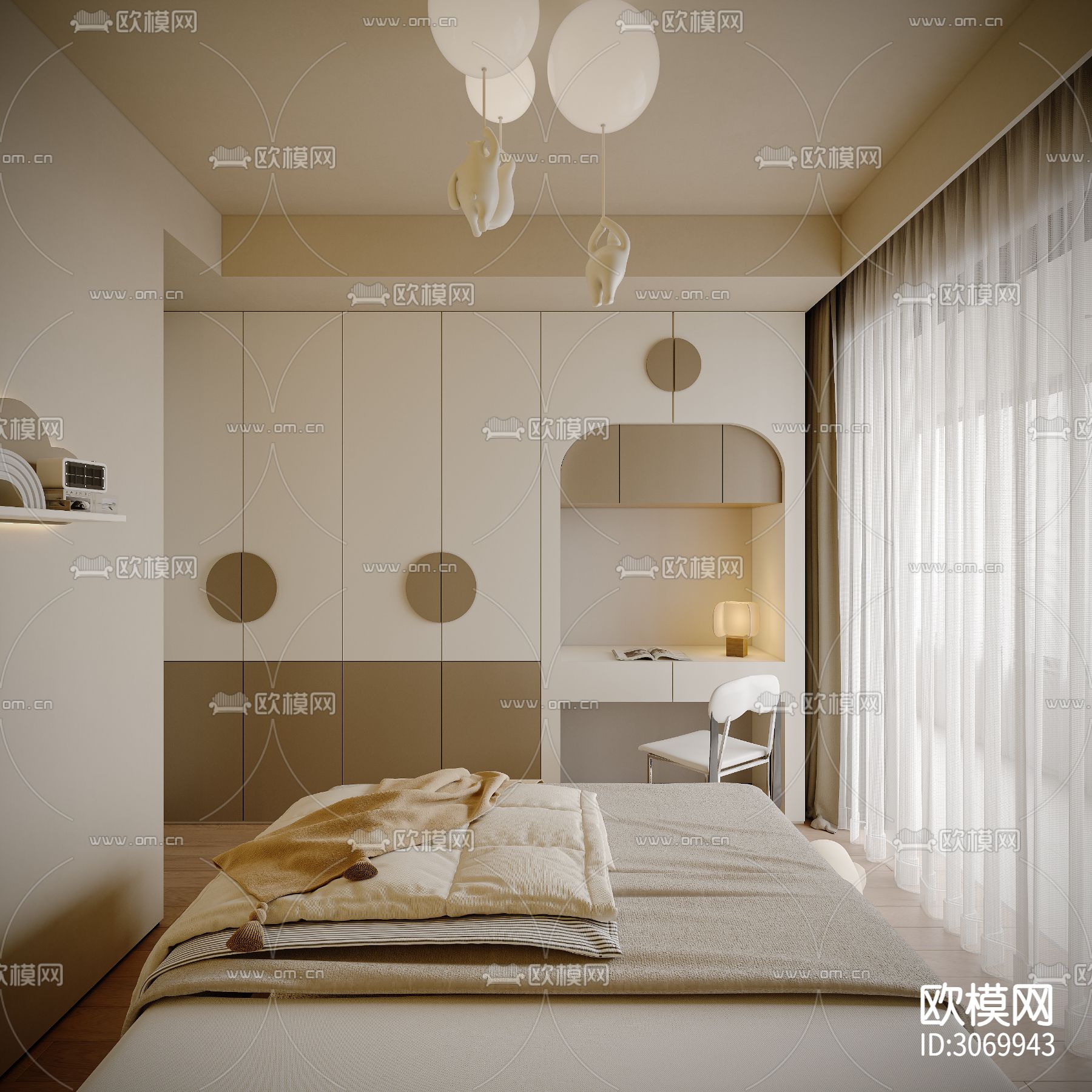 奶油风客餐厅 书房 卧室装修效果图下载（渲染图14）