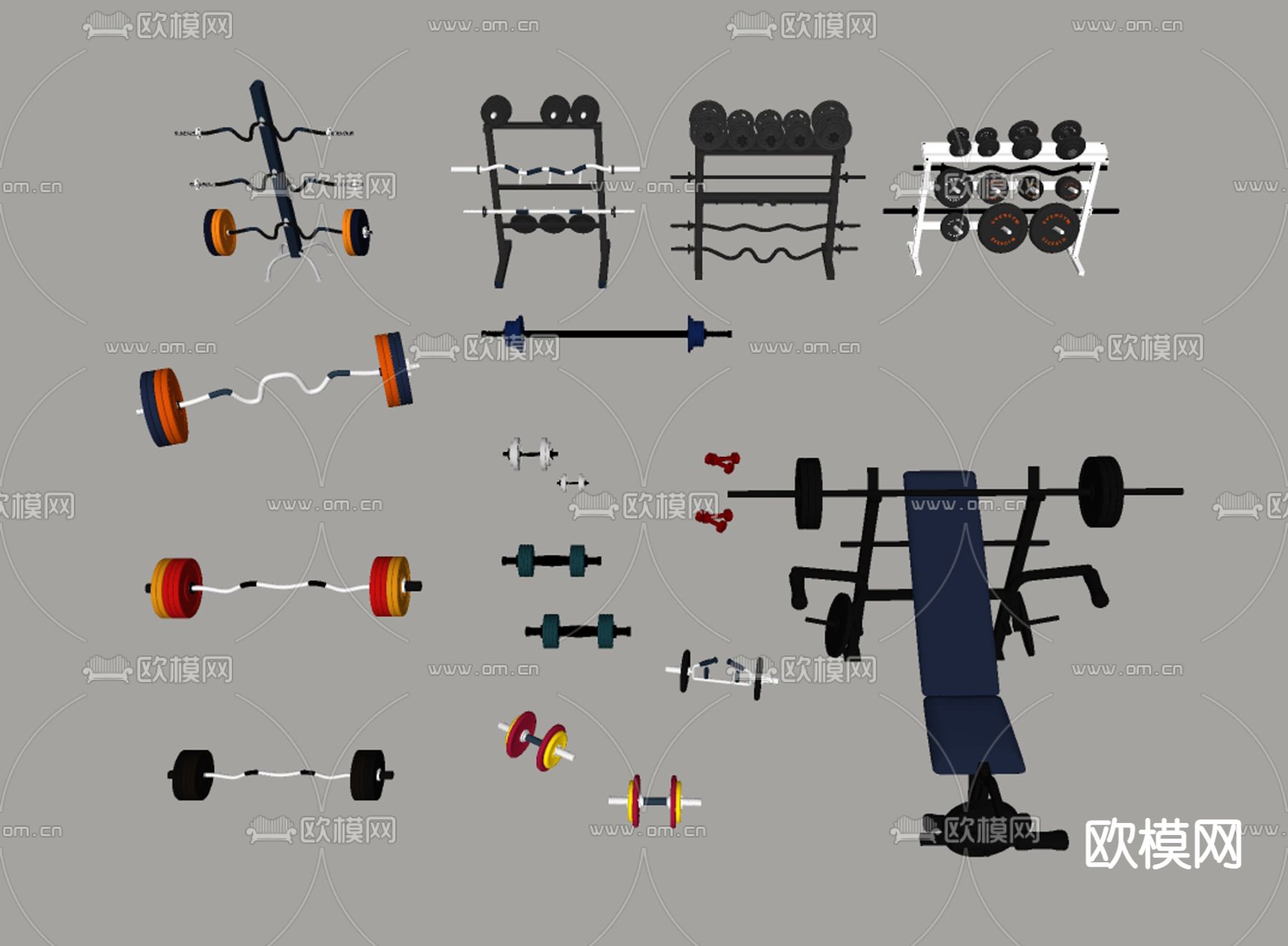 现代举重杠铃 哑铃 健身器材su模型下载（渲染图1）