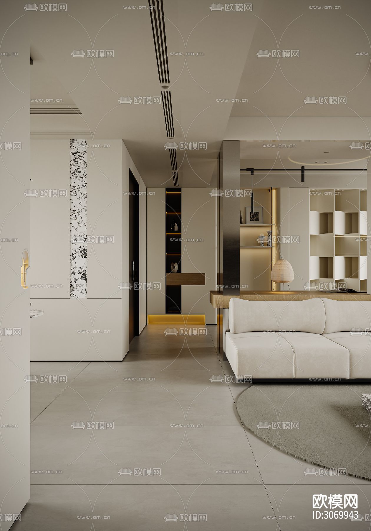 奶油风客餐厅 书房 卧室装修效果图下载（渲染图2）