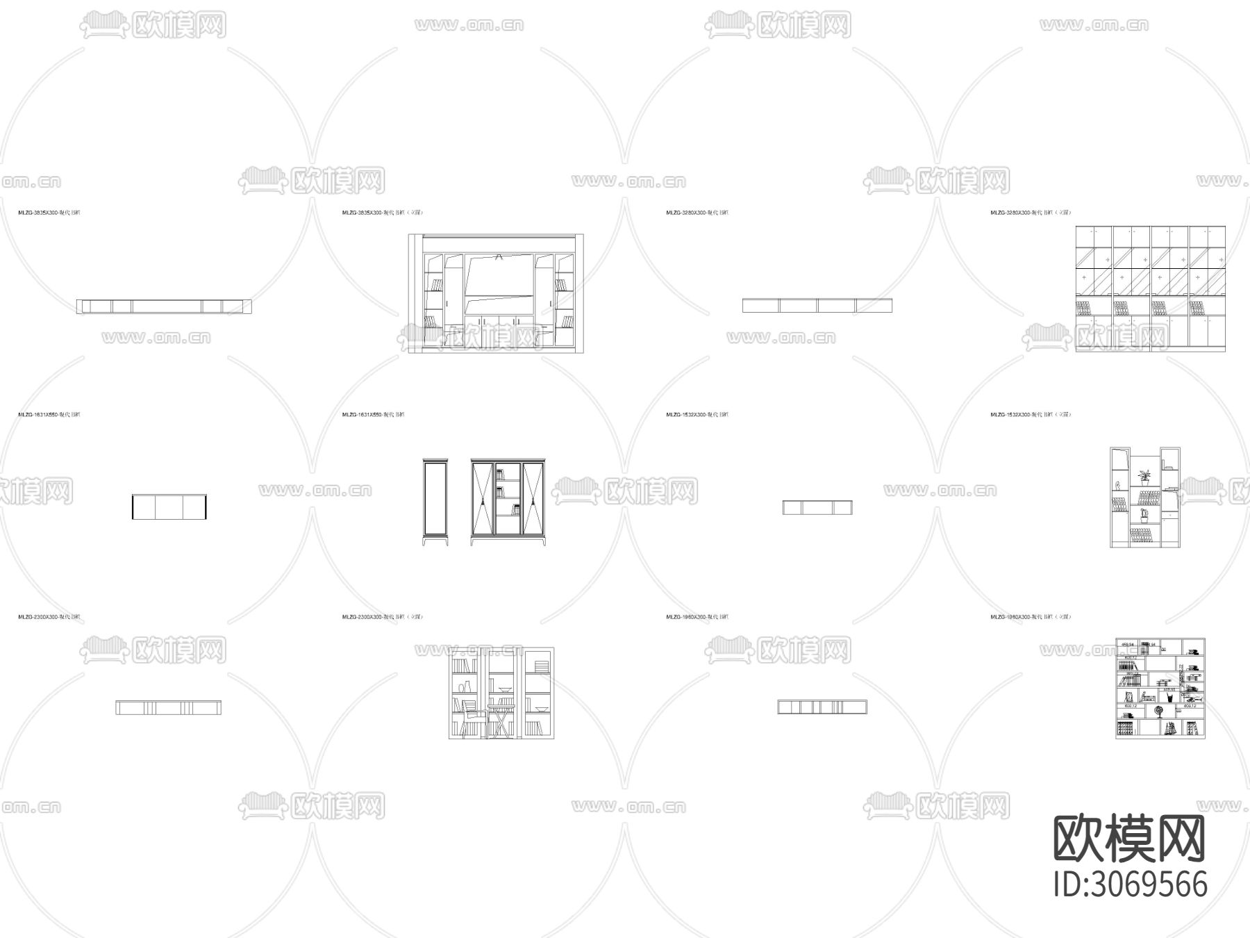 现代书柜平面图cad图库下载