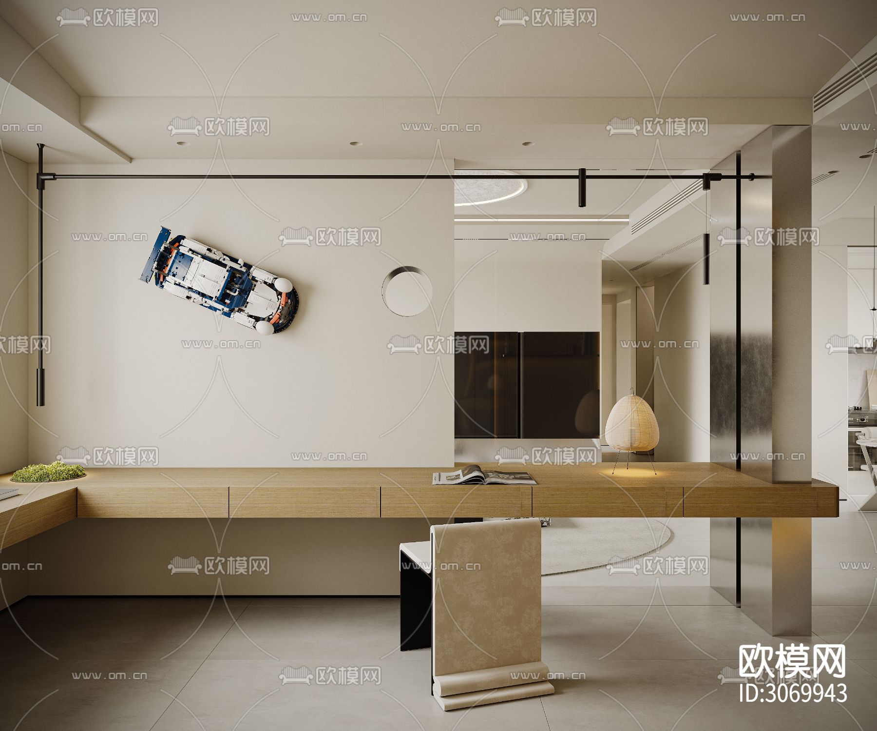 奶油风客餐厅 书房 卧室装修效果图下载（渲染图6）