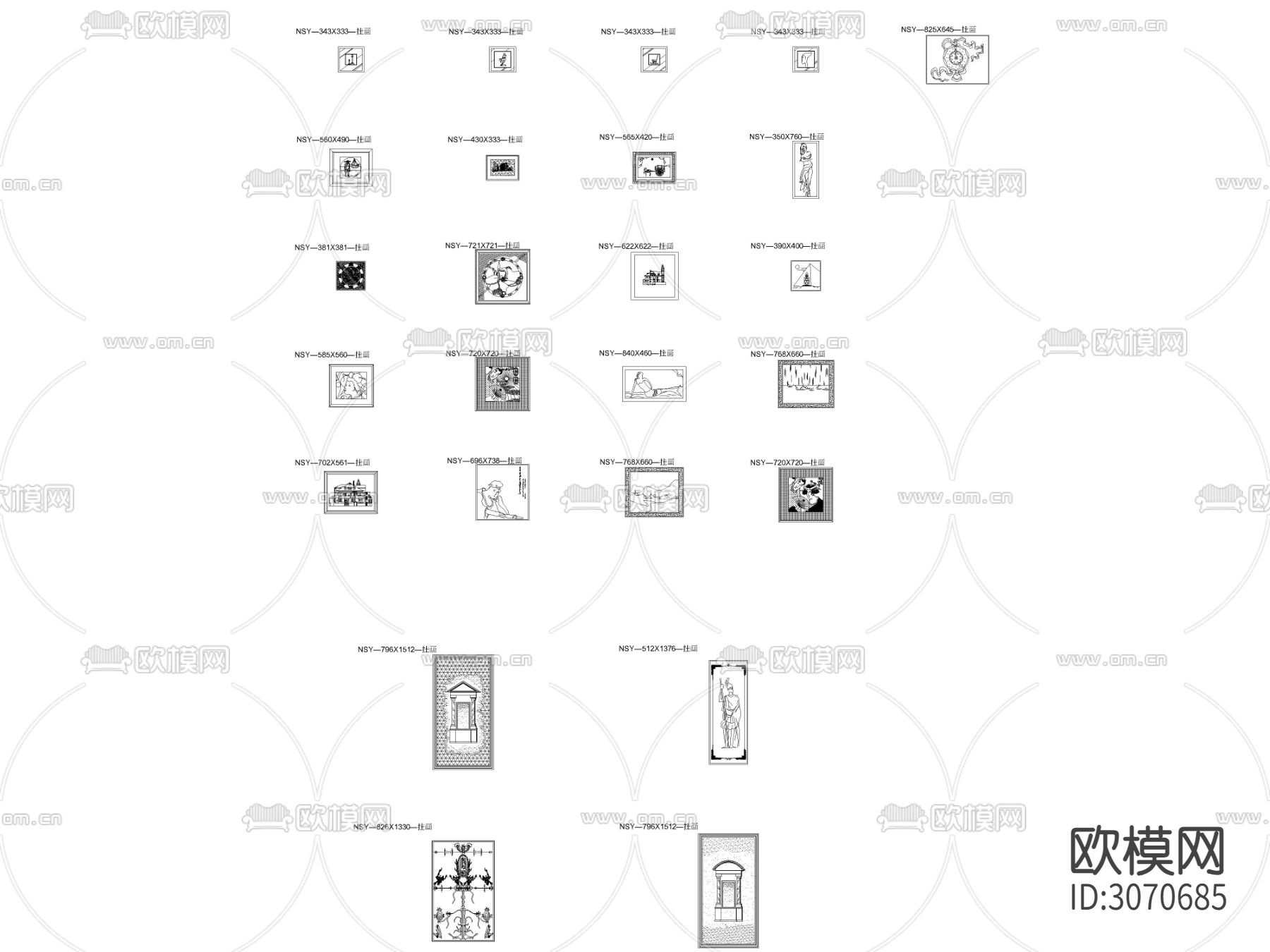 欧式 美式 日式挂画立面cad图库下载（渲染图2）