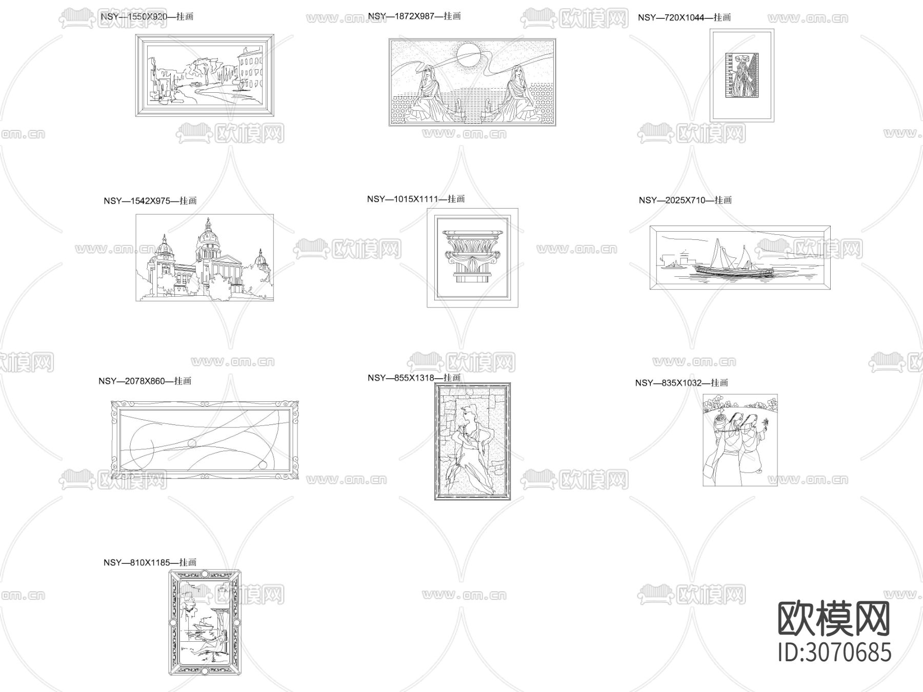 欧式 美式 日式挂画立面cad图库下载（渲染图3）