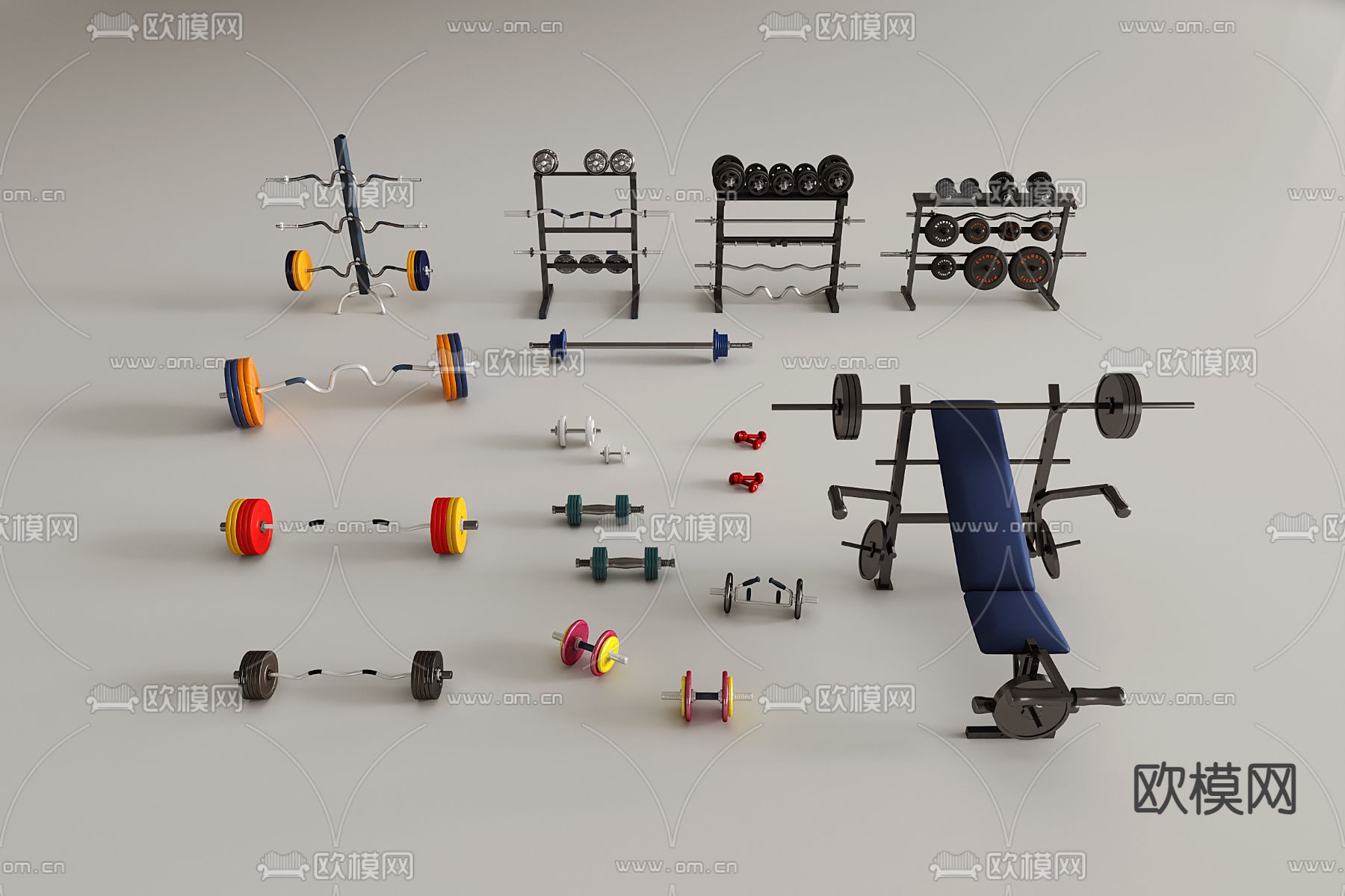 现代举重杠铃 哑铃 健身器材su模型下载（渲染图2）