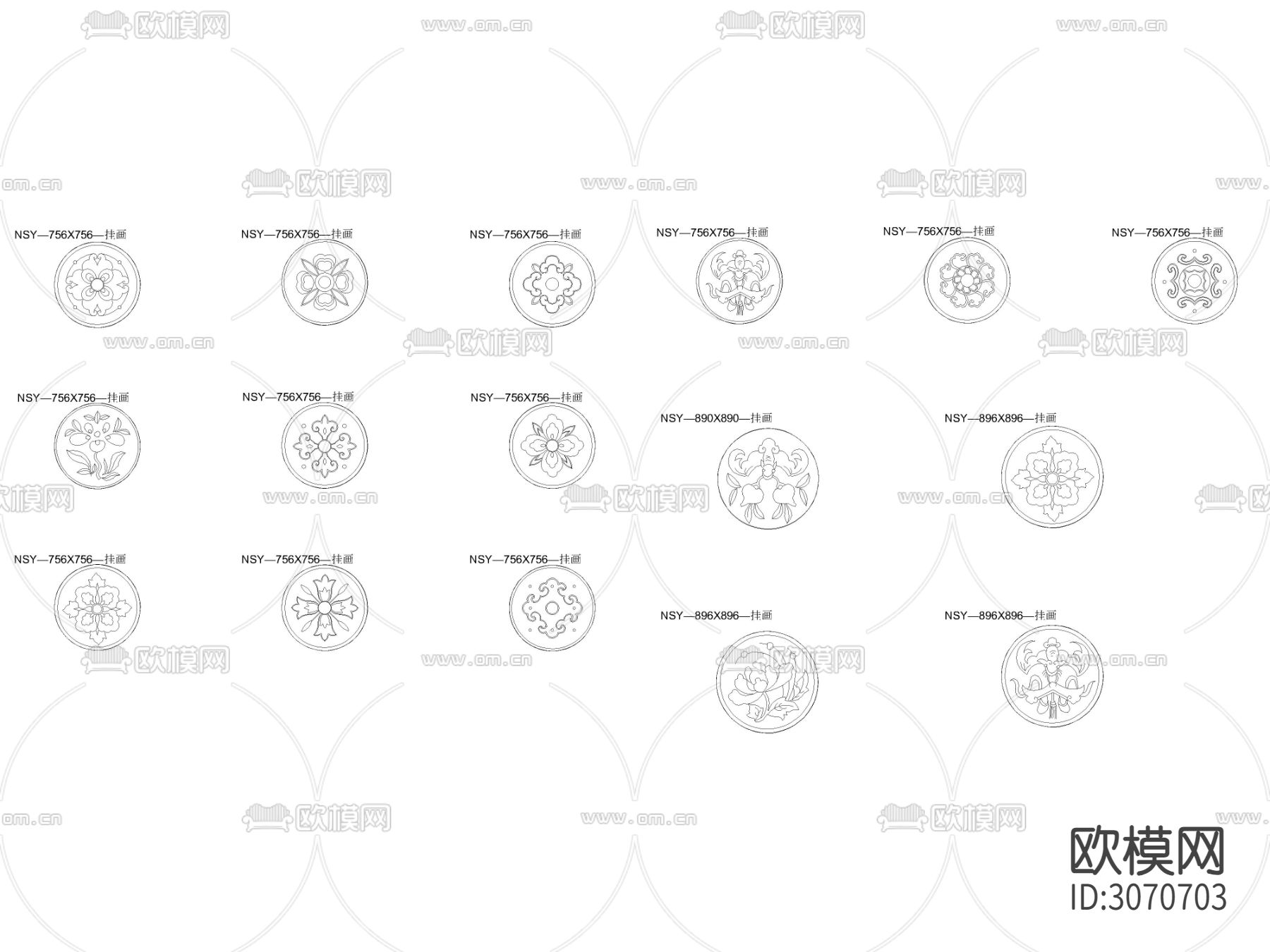 中式图腾圆形挂画立面cad图库下载