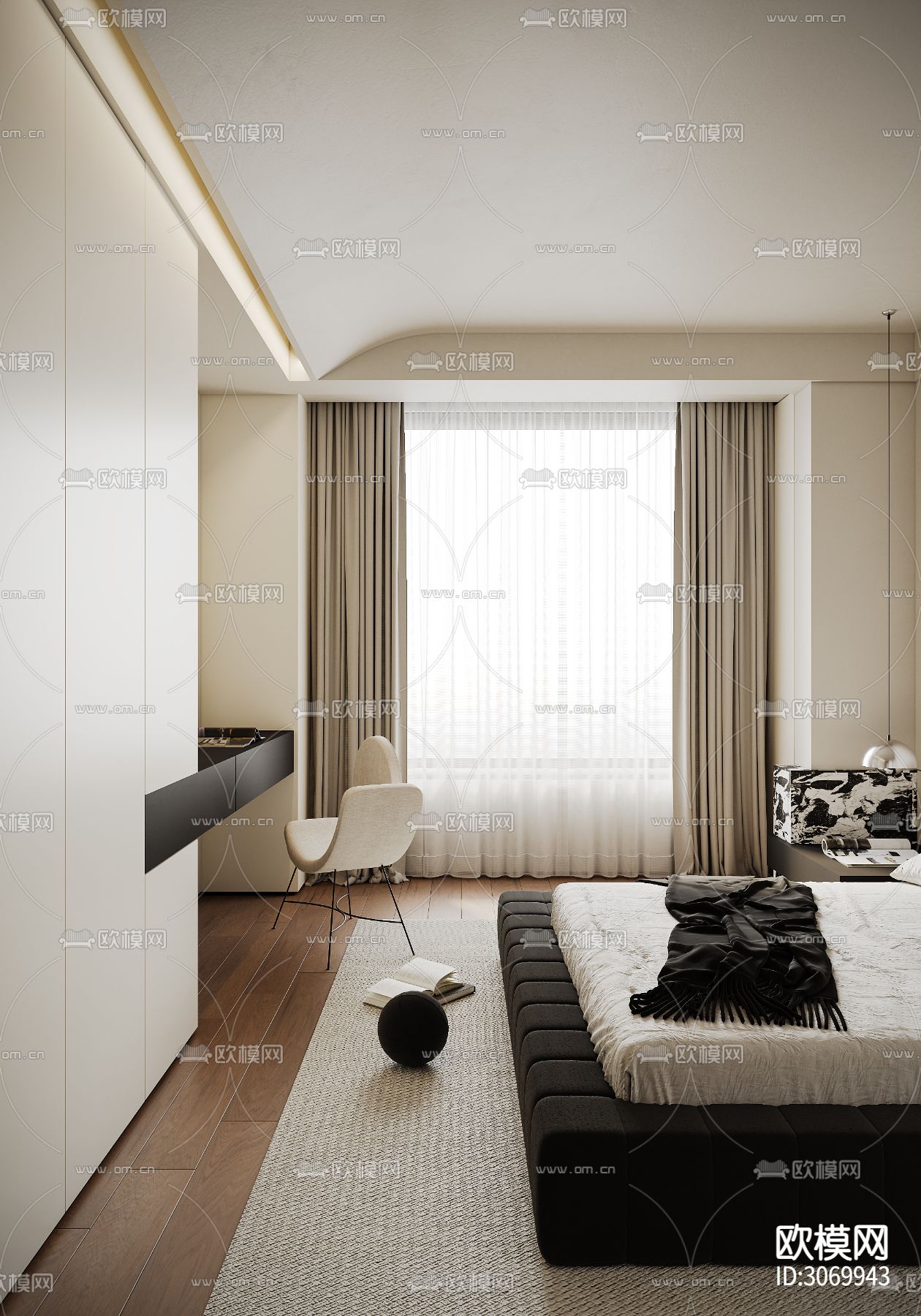 奶油风客餐厅 书房 卧室装修效果图下载（渲染图4）