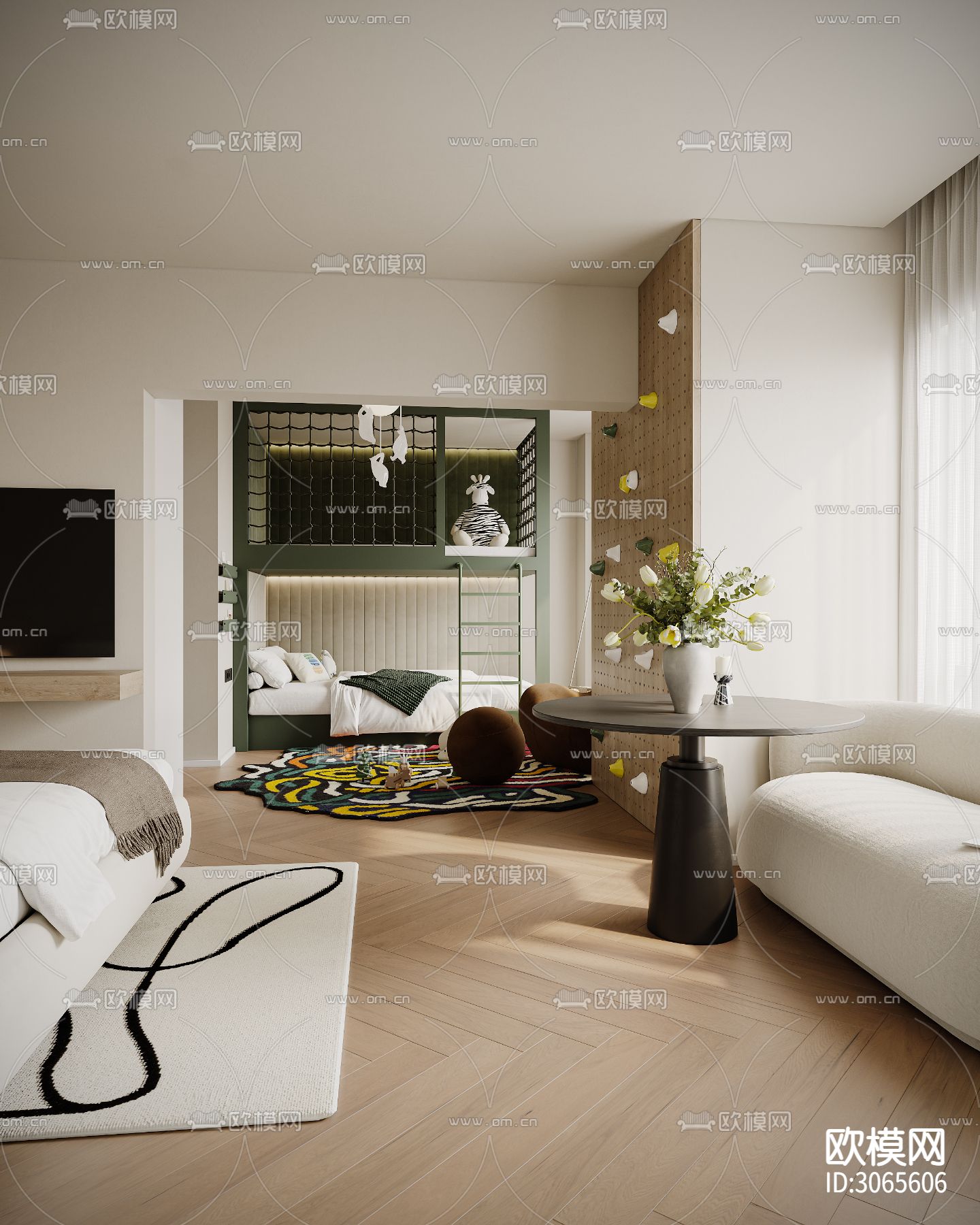 奶油风儿童房 上下铺 小孩房装修效果图下载（渲染图5）