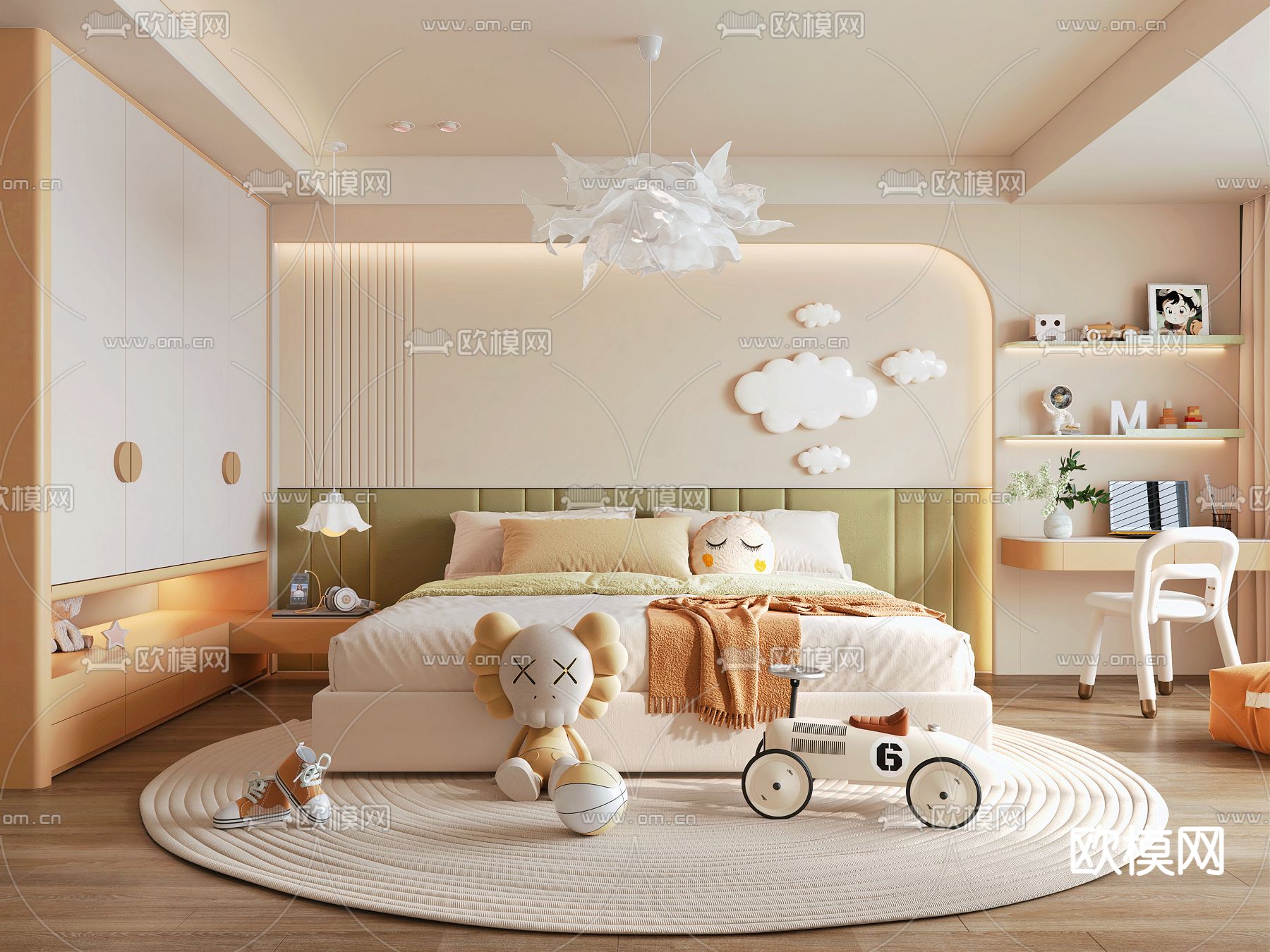 奶油风儿童房 小孩房卧室3d模型下载（渲染图1）