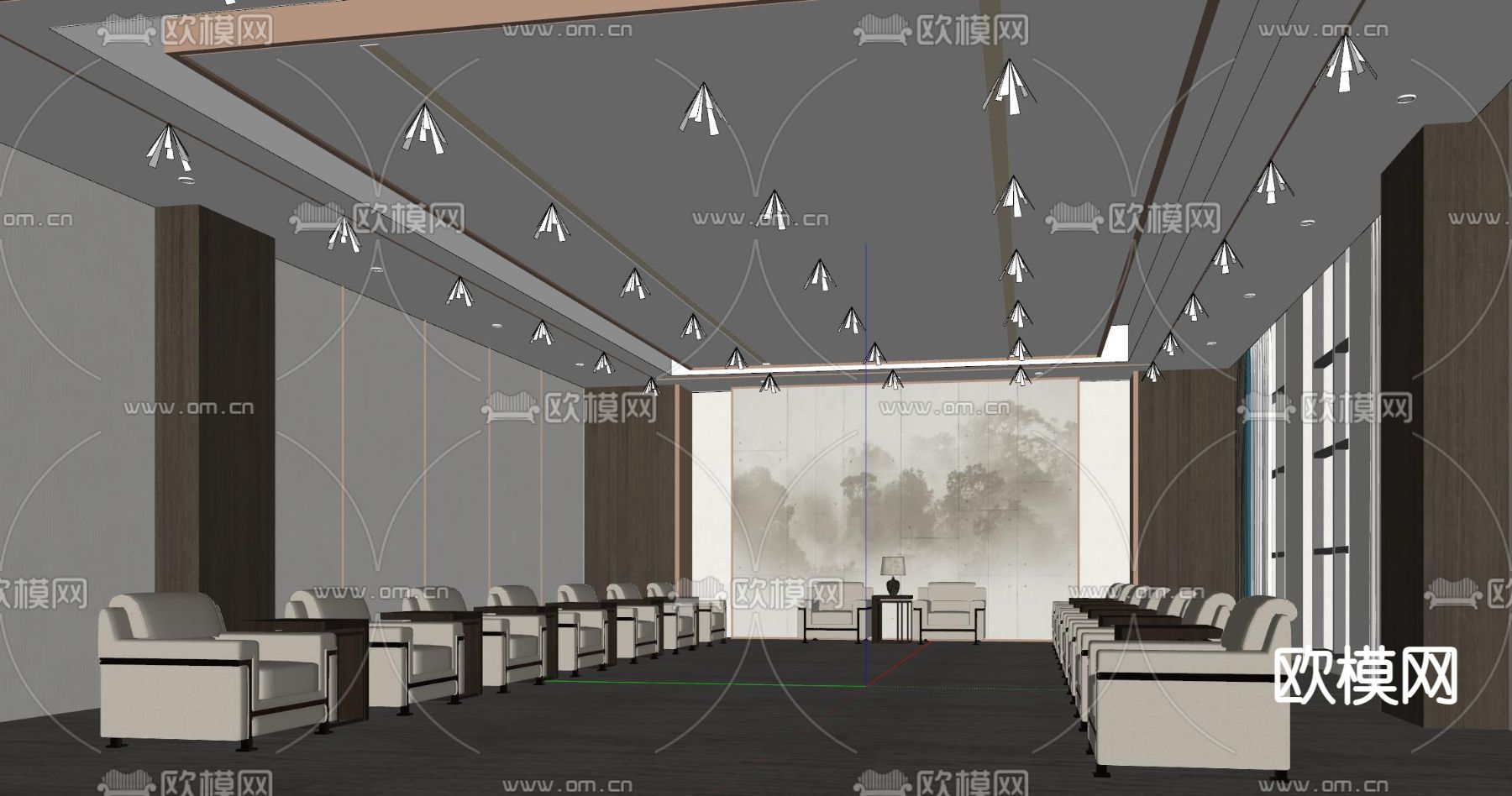 新中式会客厅 接待室su模型下载（渲染图1）