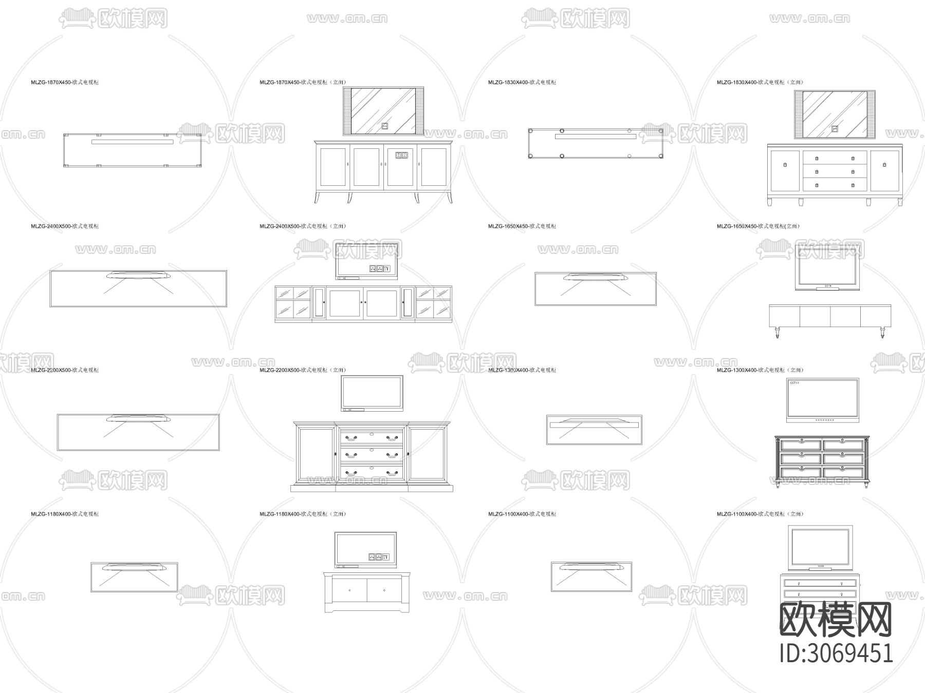 欧式电视柜带抽屉带储物柜平面图cad图库下载