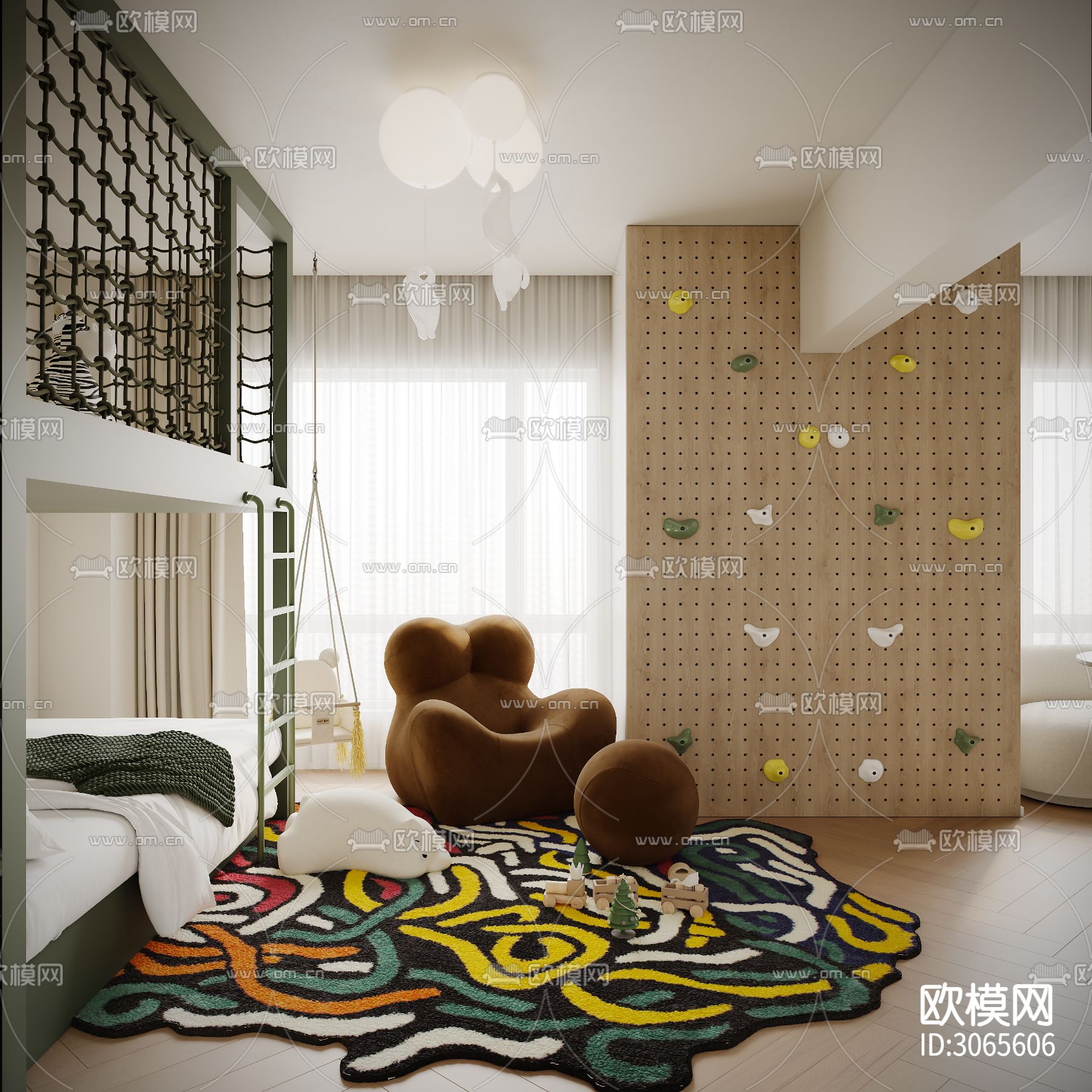 奶油风儿童房 上下铺 小孩房装修效果图下载（渲染图7）