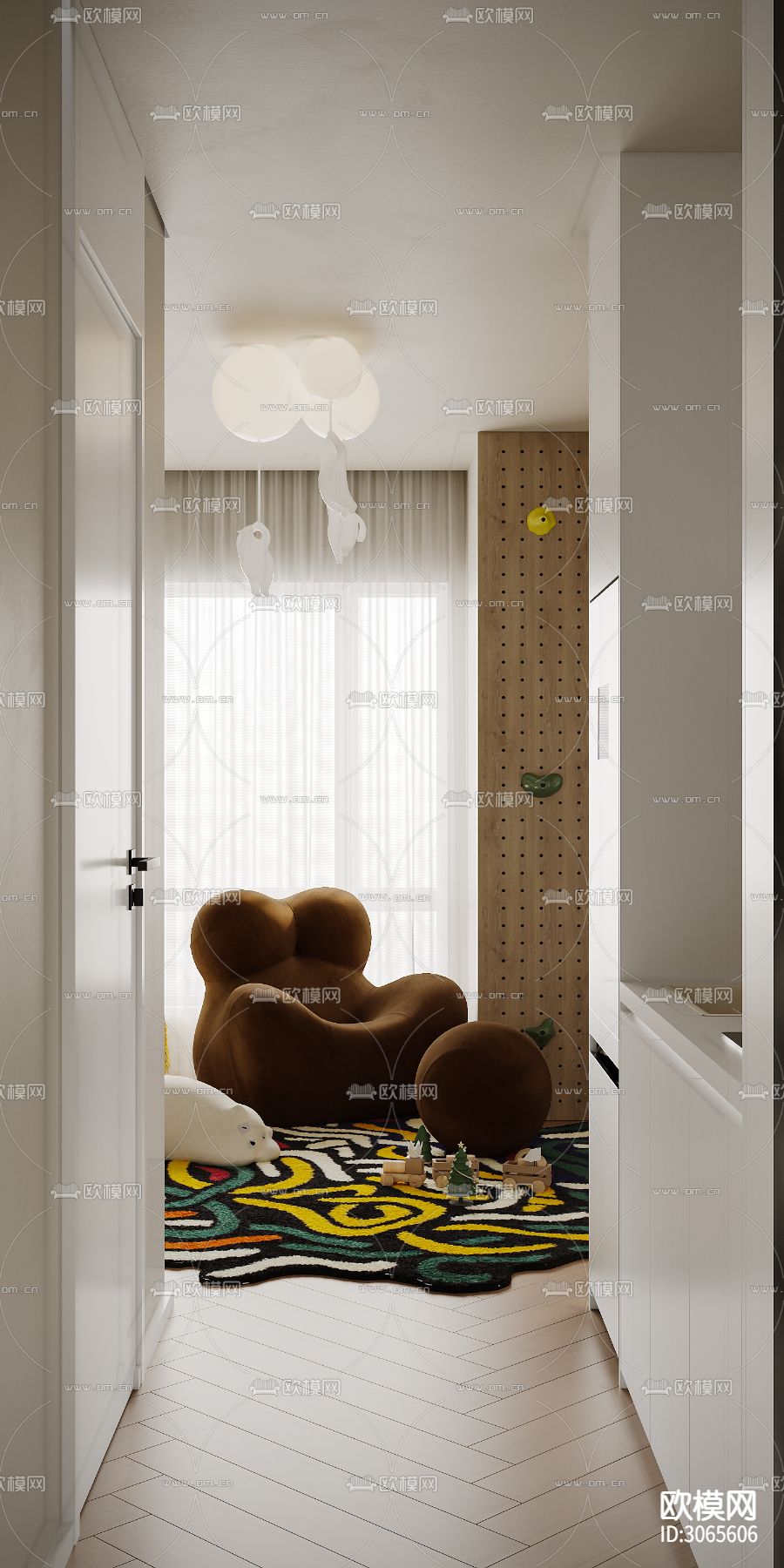 奶油风儿童房 上下铺 小孩房装修效果图下载（渲染图3）