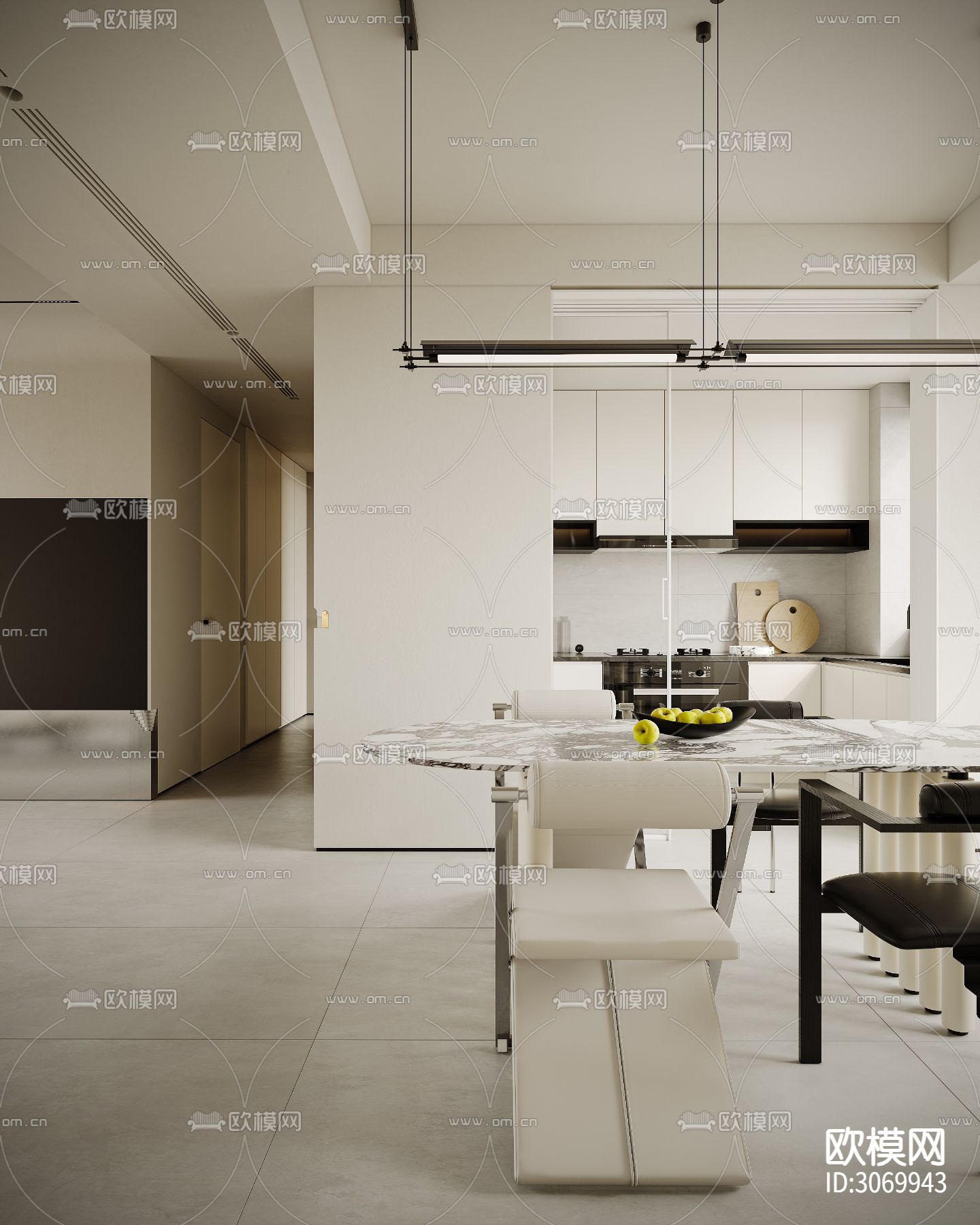 奶油风客餐厅 书房 卧室装修效果图下载（渲染图3）