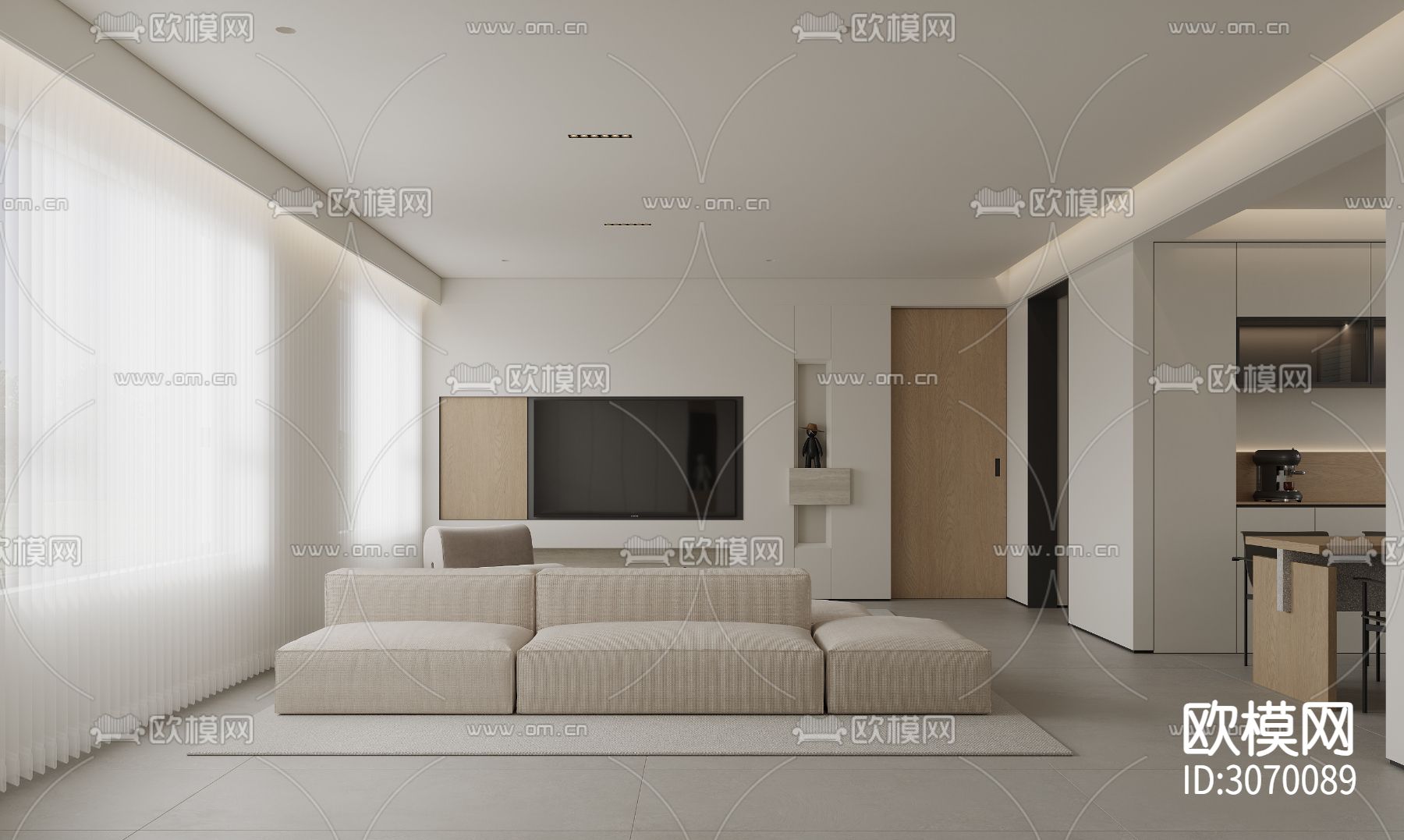 极简客厅 餐厅效果图下载（渲染图1）