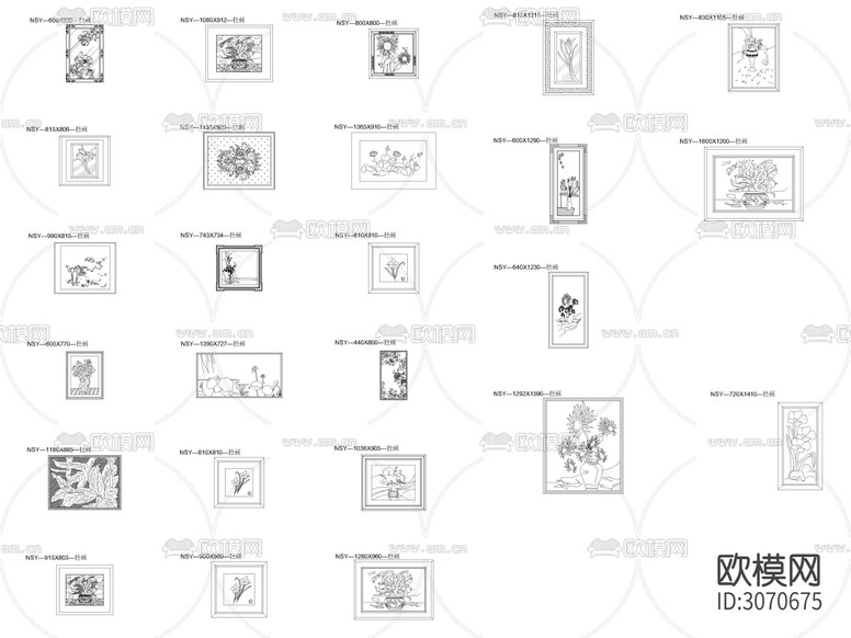 花朵植物内容挂画立面cad图库下载(渲染图2)