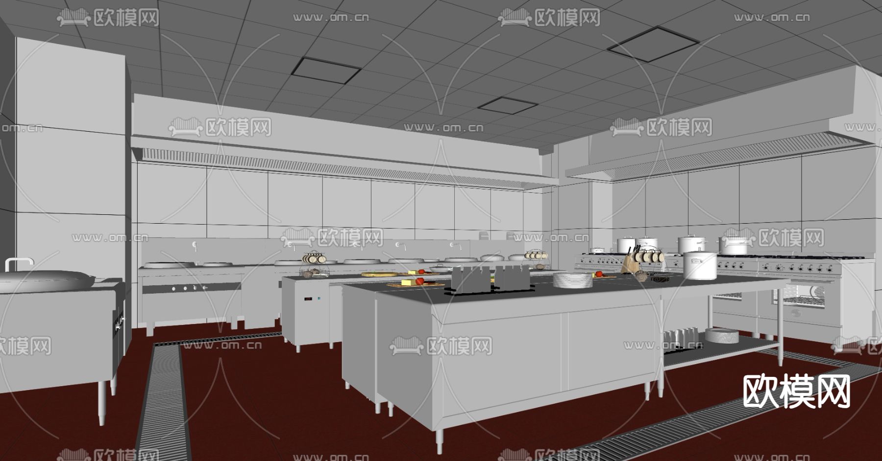 现代后厨 食堂厨房su模型下载（渲染图1）