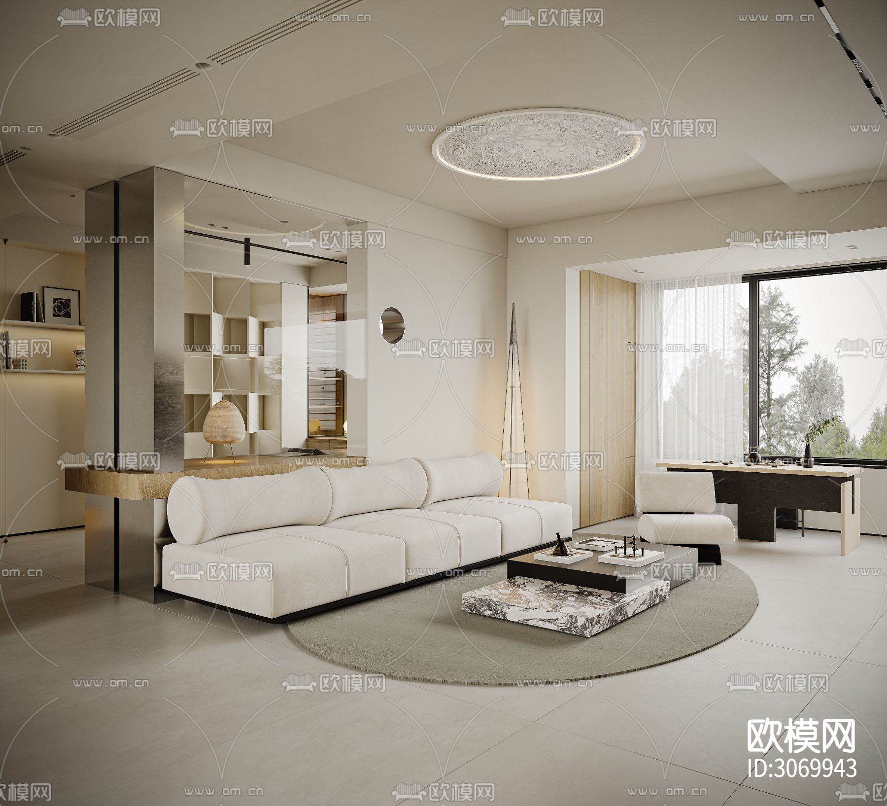 奶油风客餐厅 书房 卧室装修效果图下载（渲染图1）