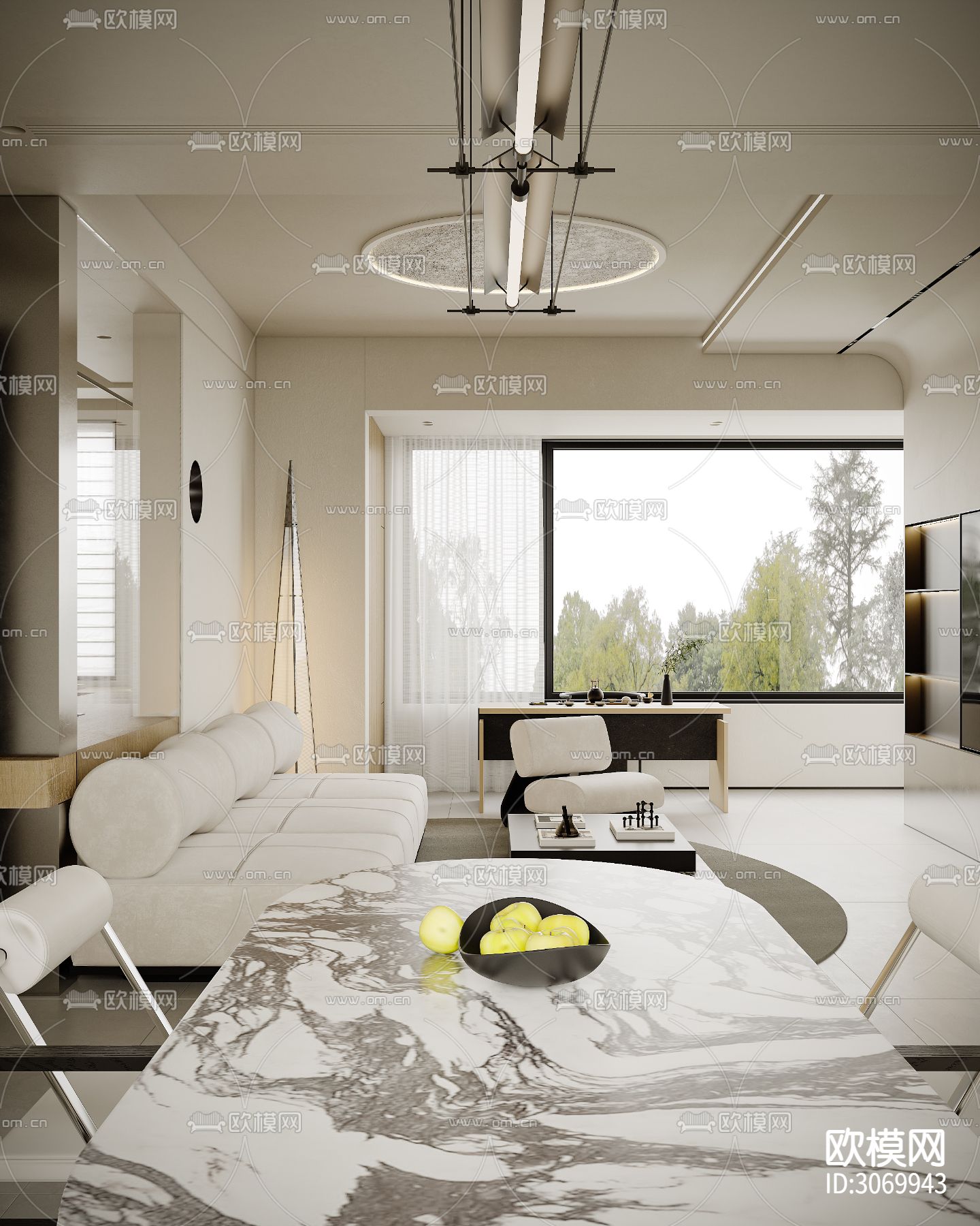 奶油风客餐厅 书房 卧室装修效果图下载（渲染图5）