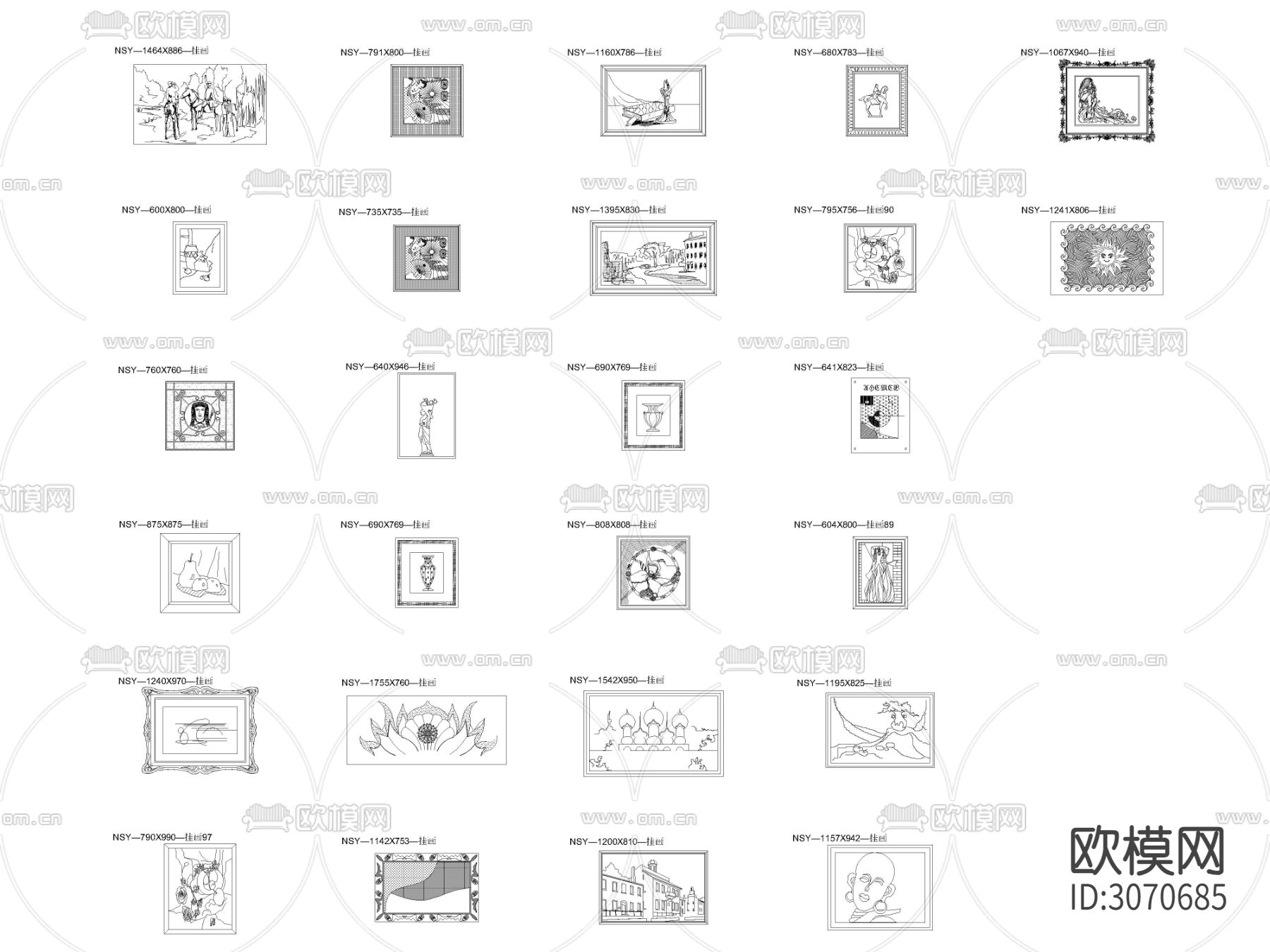 欧式 美式 日式挂画立面cad图库下载（渲染图1）