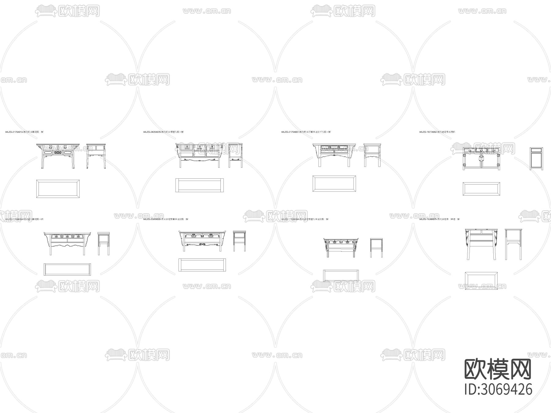 中式带抽屉边柜平面图cad图库下载