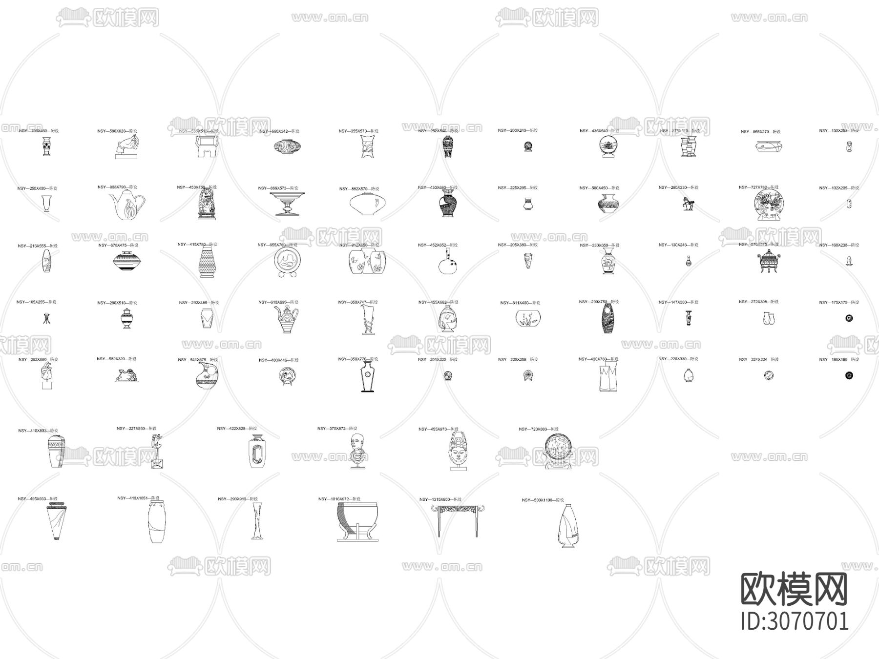 中式风格花瓶摆件立面cad图库下载（渲染图2）