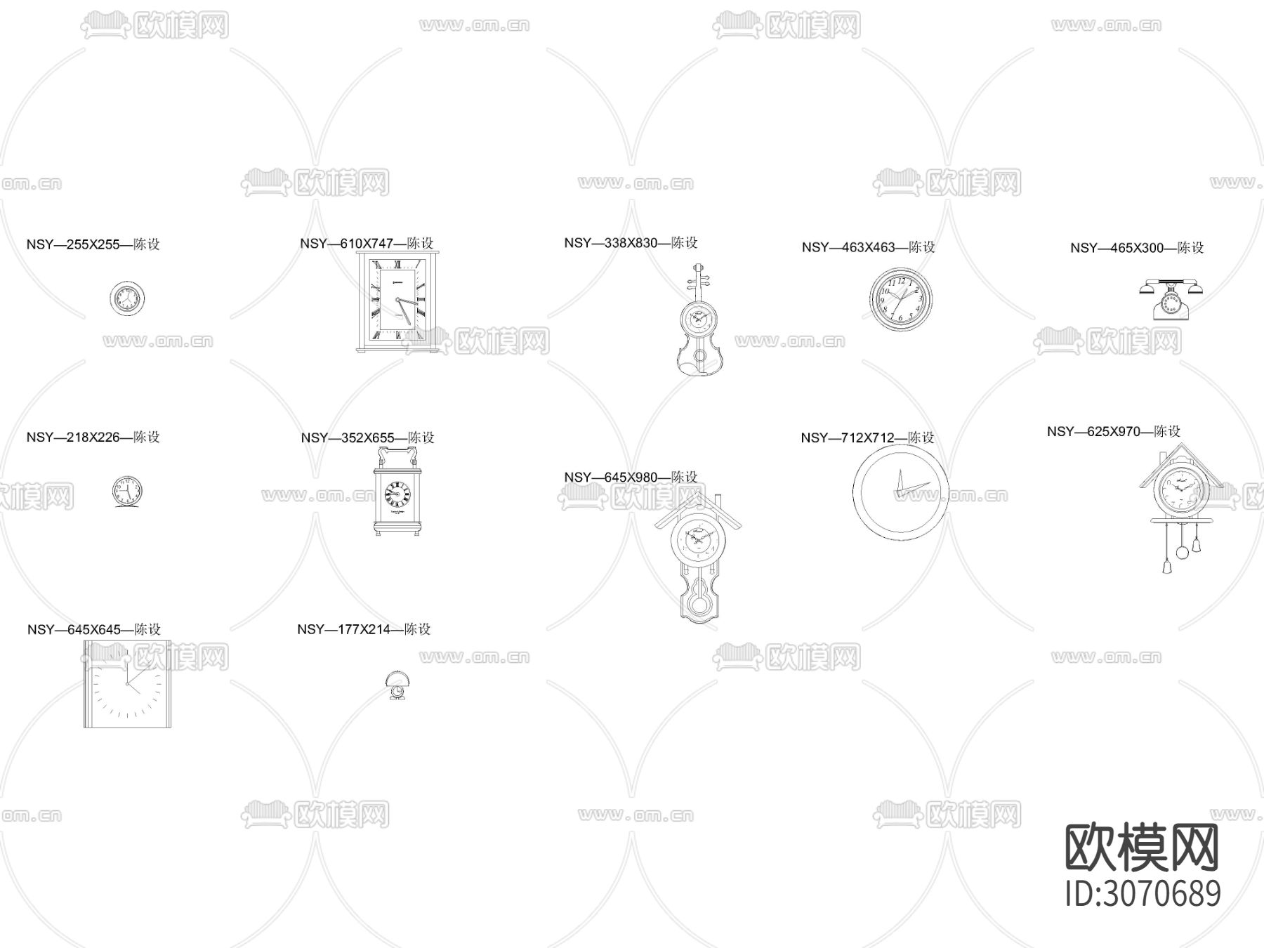 摆件组合 陈设品 挂件 时钟 电话立面cad图库下载