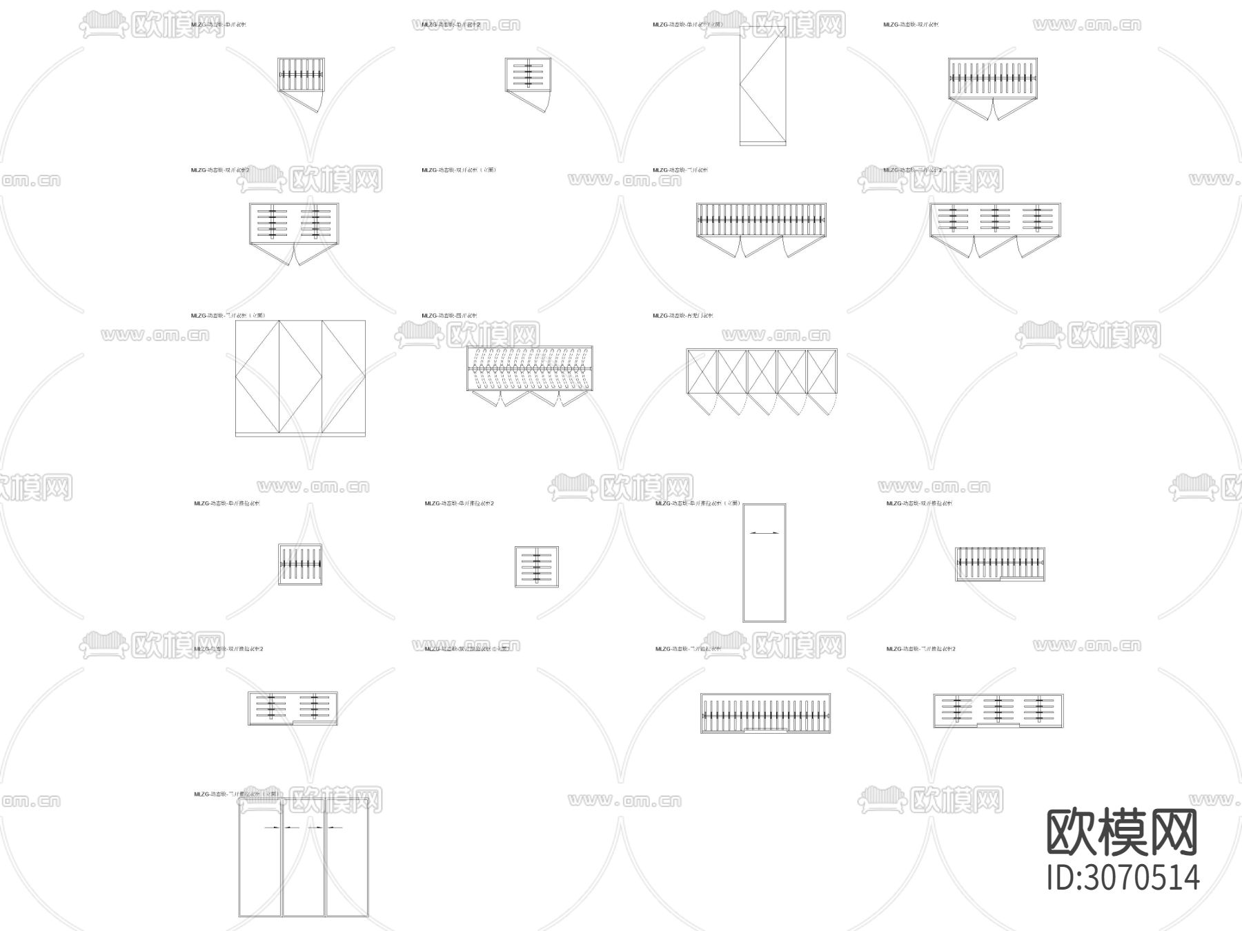 衣柜平开门动态块 衣柜推拉门动态块平面图 立面cad图库下载