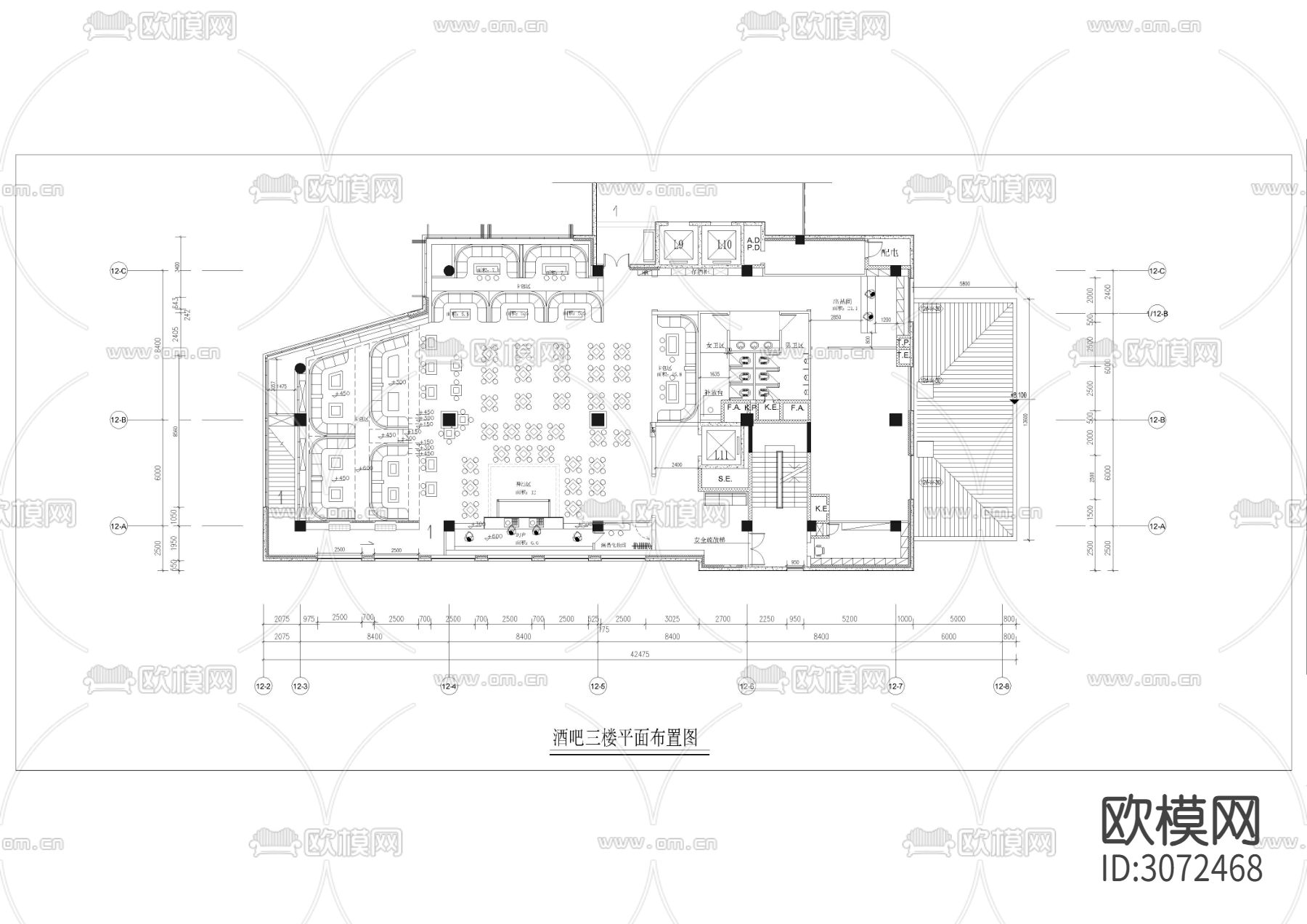 1260㎡ 酒吧 休闲会所cad施工图下载（渲染图2）