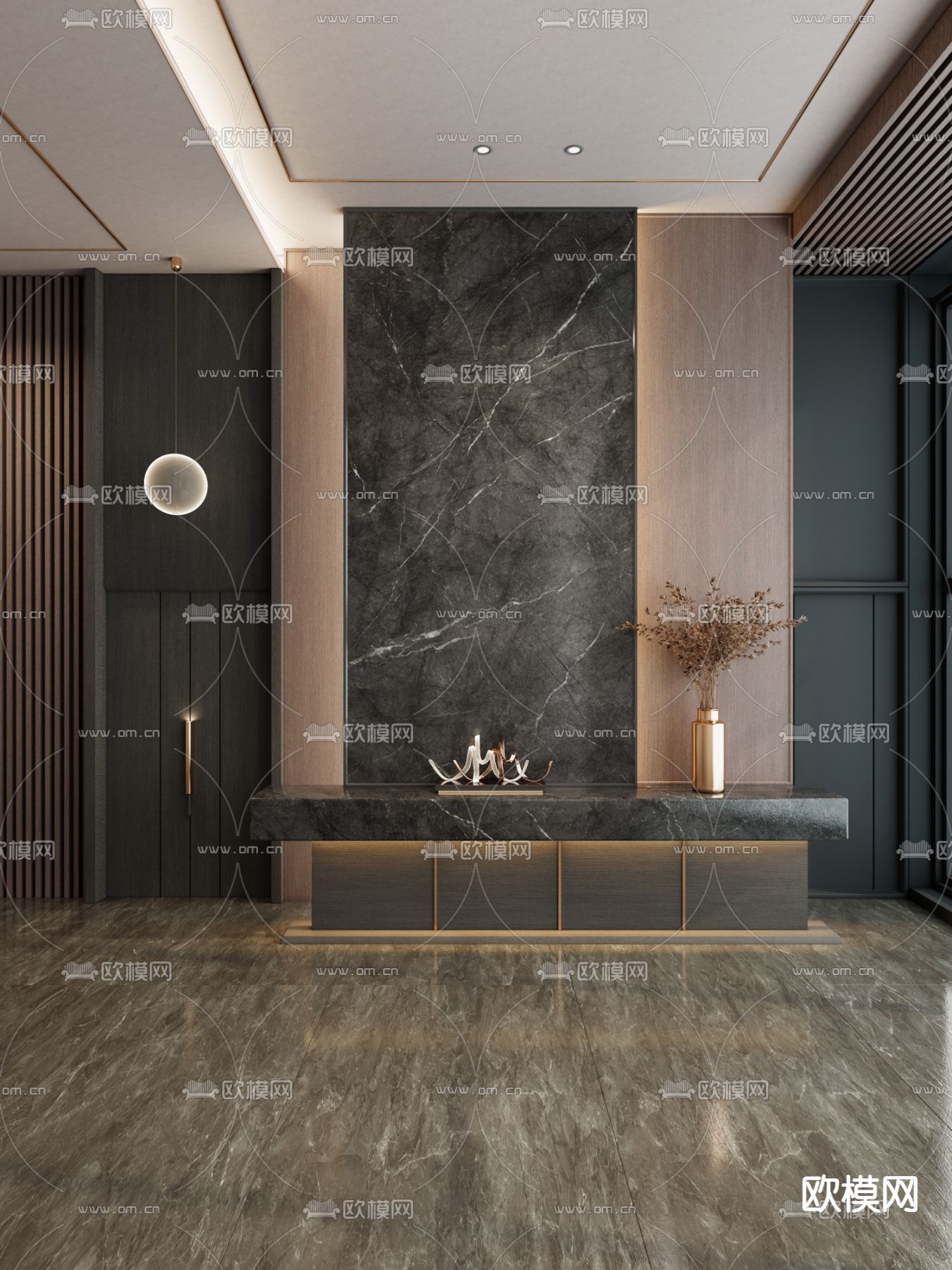 黑金入户玄关隔断su模型下载（渲染图1）