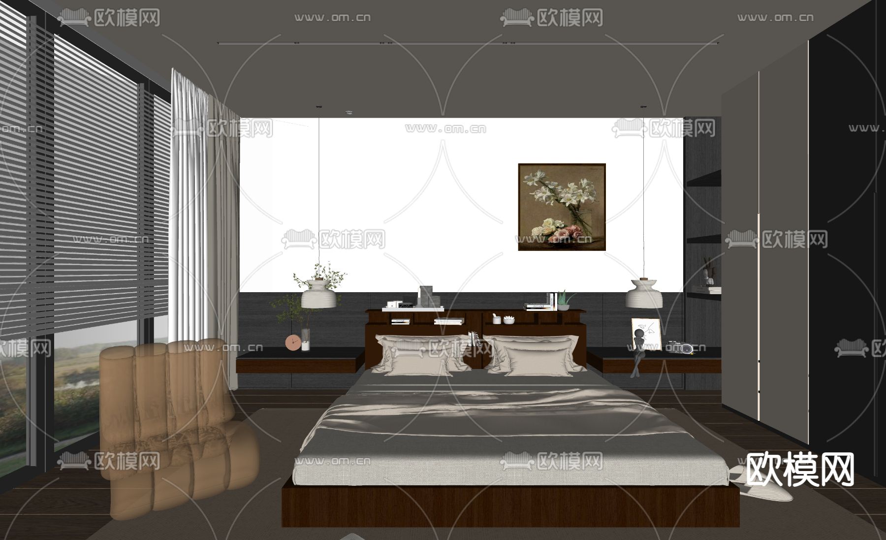 中古风卧室 主卧 主人房su模型下载（渲染图2）