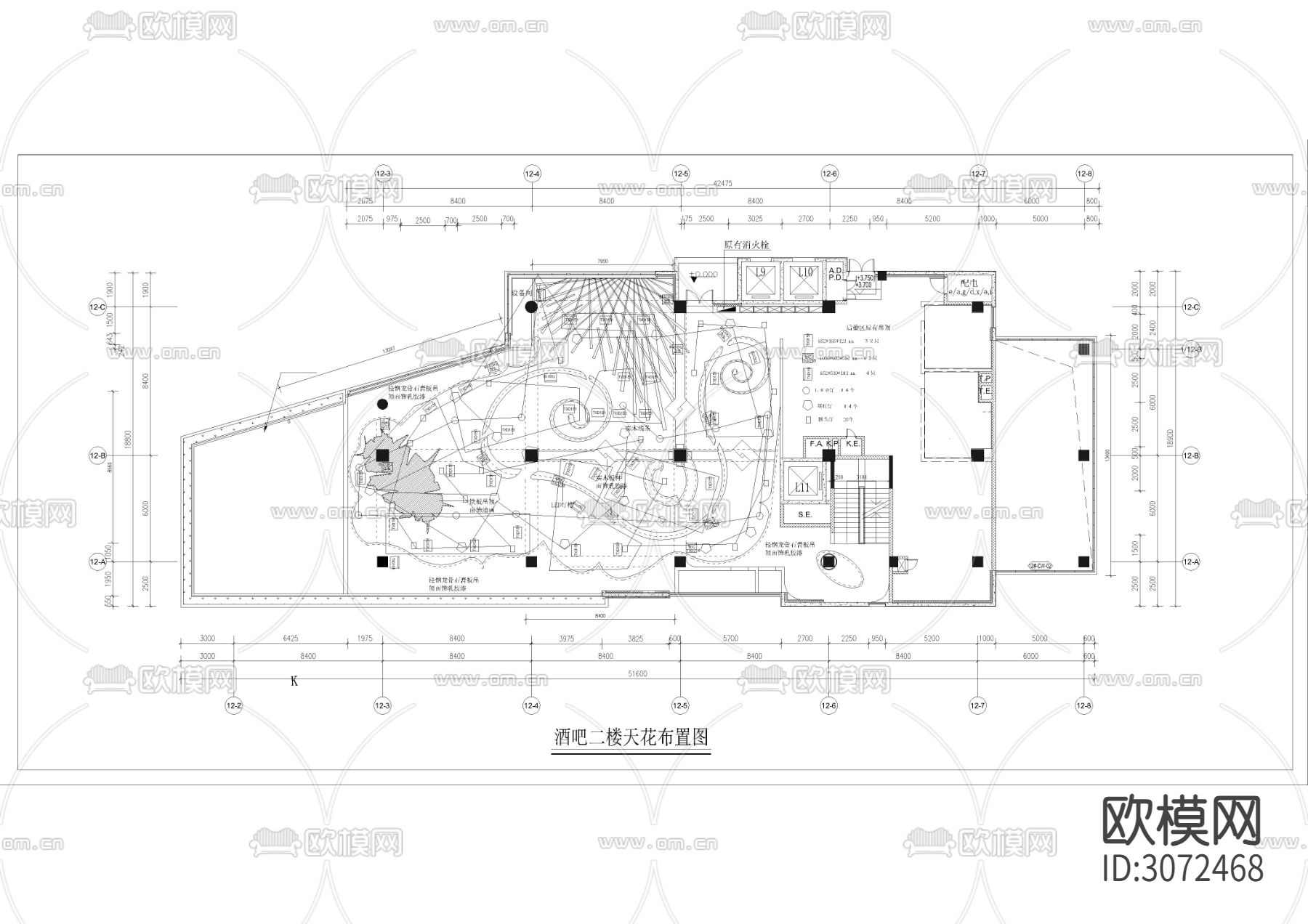 1260㎡ 酒吧 休闲会所cad施工图下载（渲染图3）