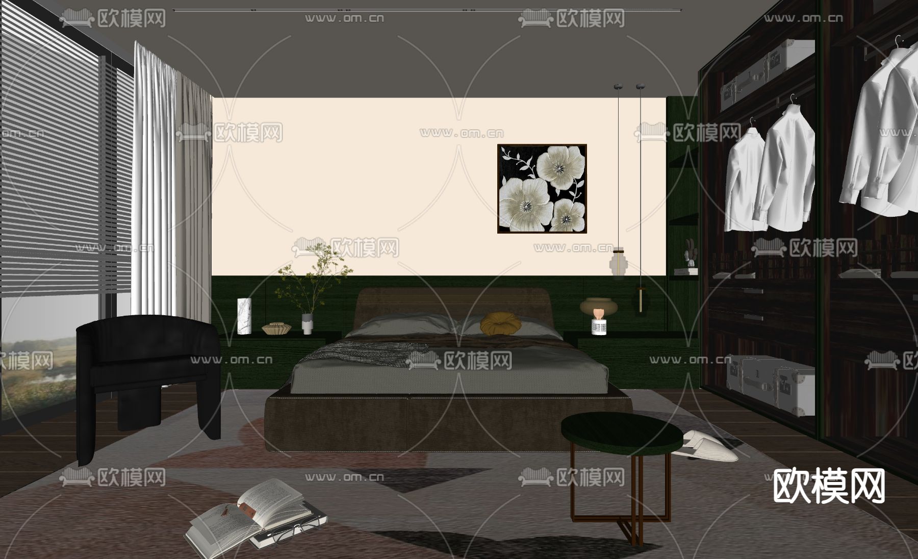 中古风卧室 主卧 主人房su模型下载（渲染图2）