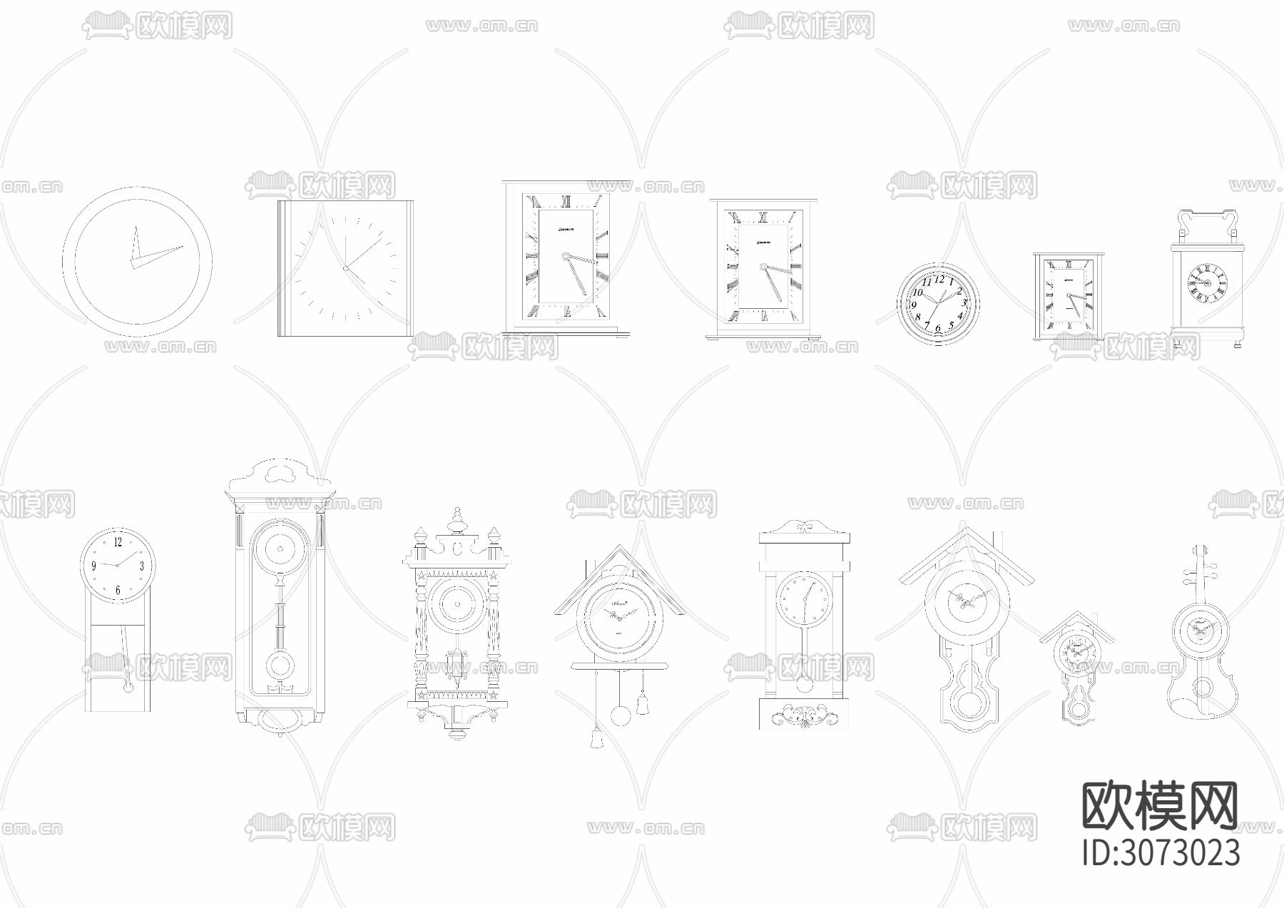 15个古典挂钟cad图库下载（渲染图2）