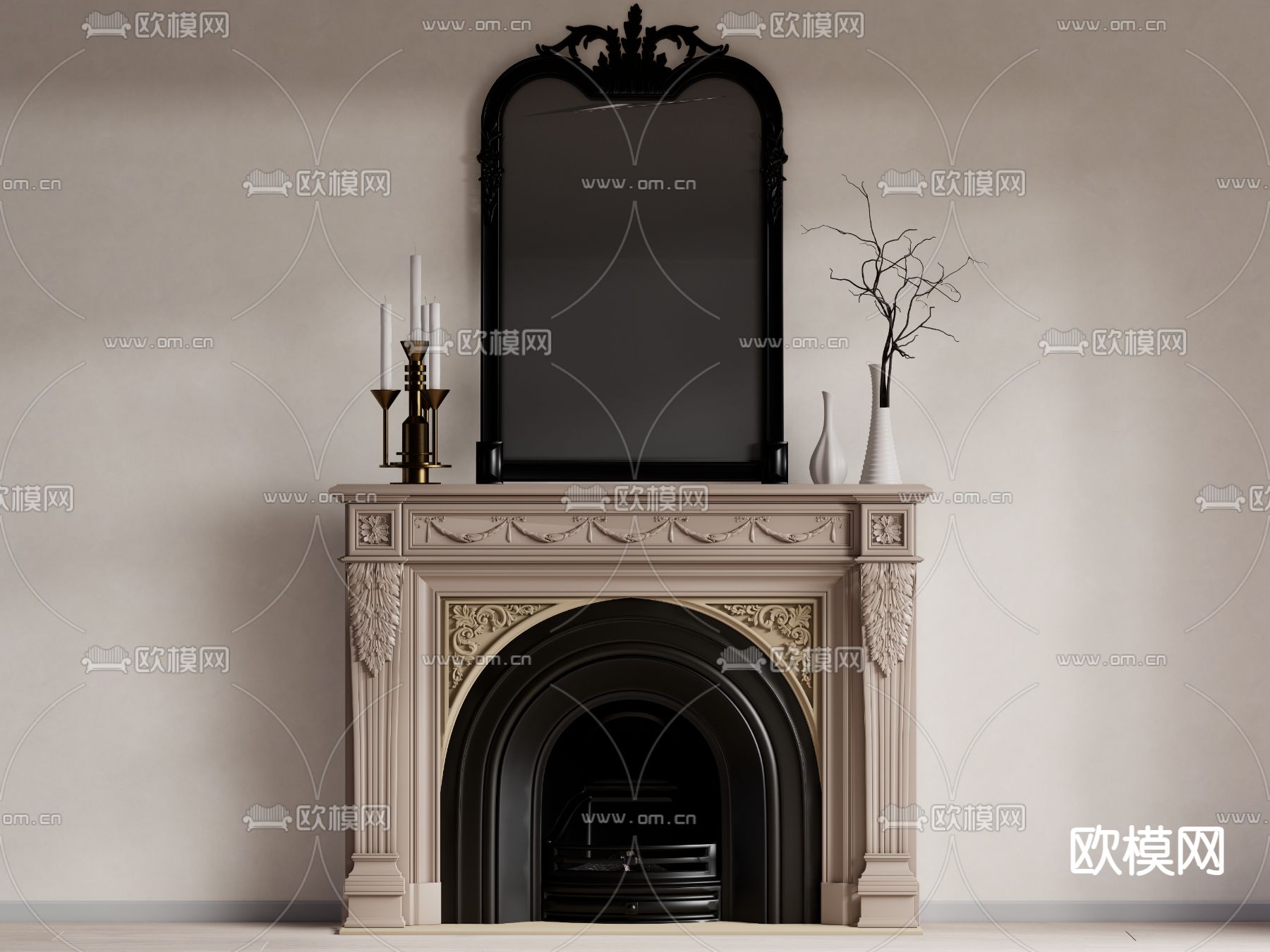 欧式壁炉 火炉 装饰镜su模型下载（渲染图1）