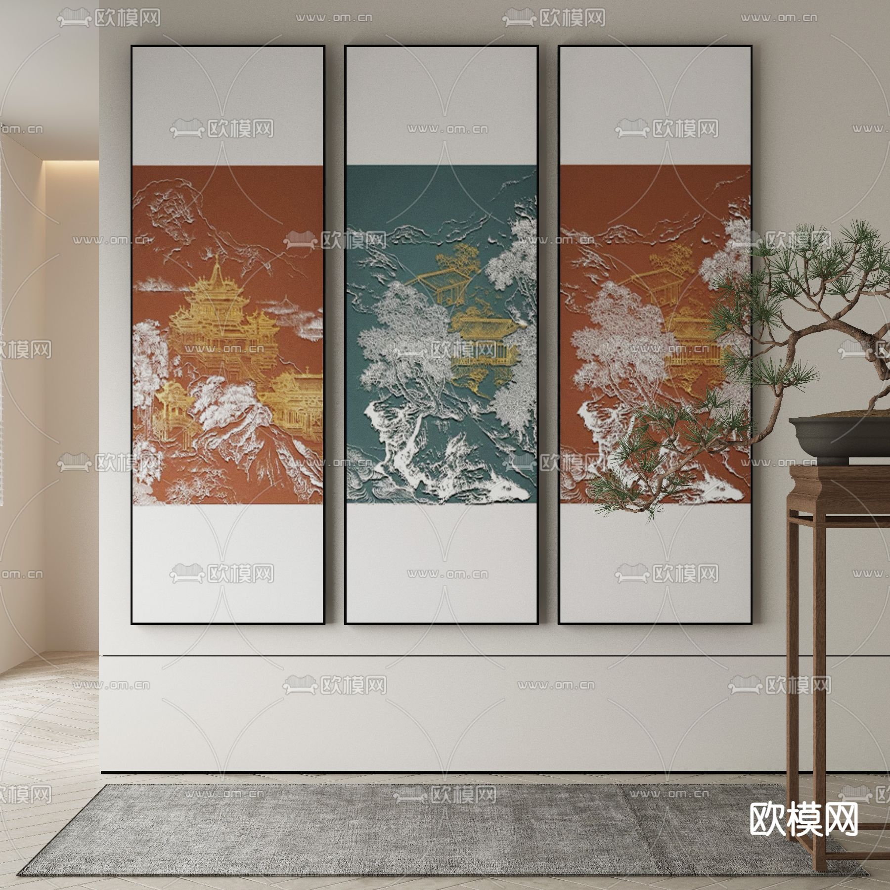 新中式建筑画 肌理画 装饰画3d模型下载