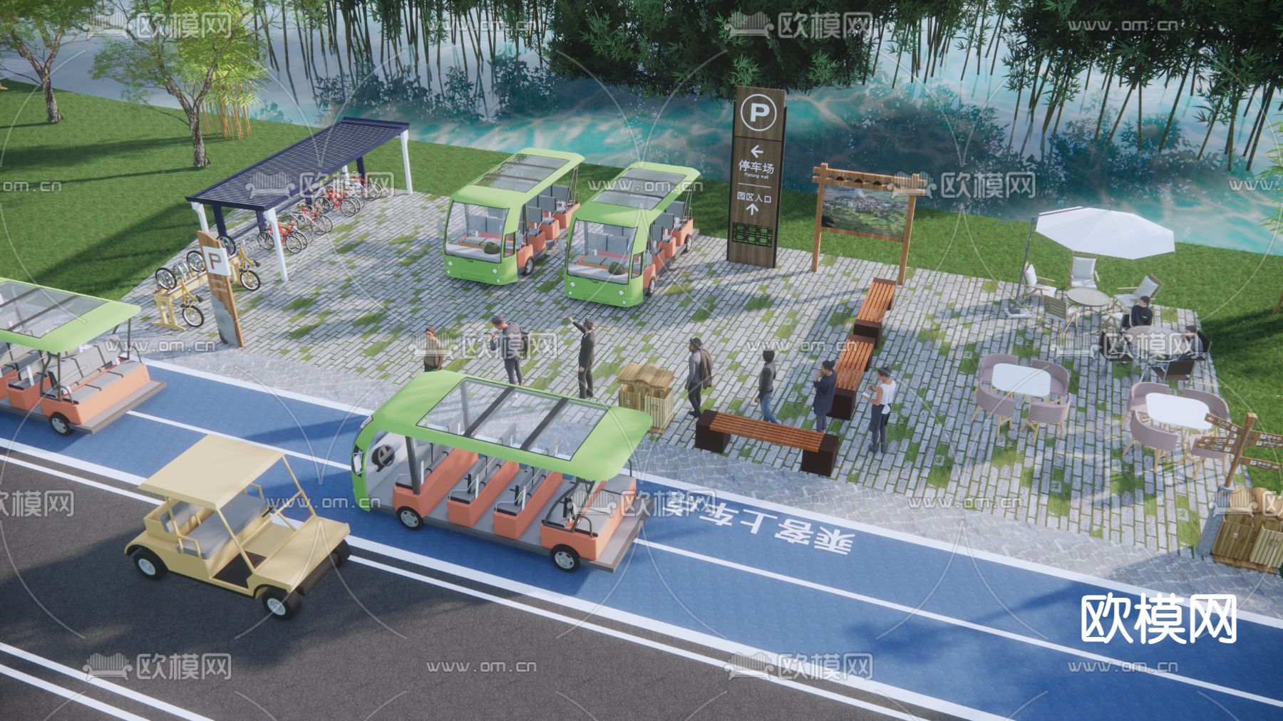 代服务驿站 观光车换乘 公交站su模型下载（渲染图1）