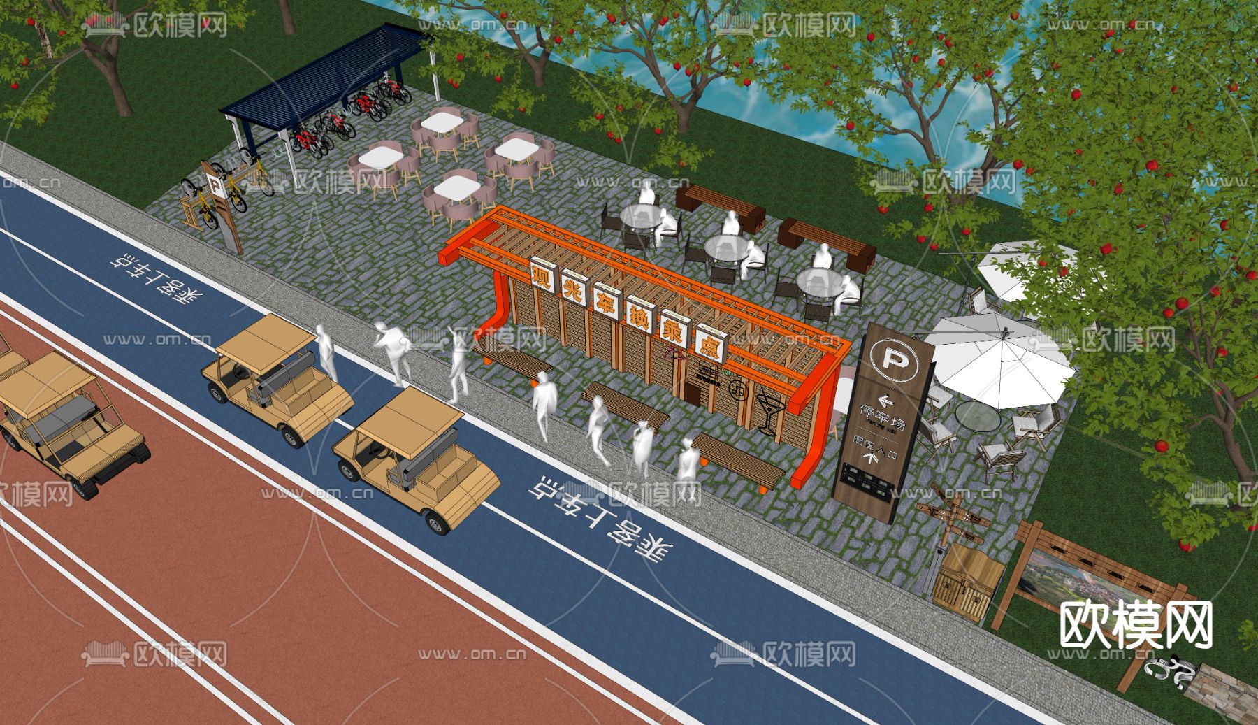 服务驿站 公交车站台 观光车停靠 能量补给站 临时售卖点su模型下载（渲染图2）