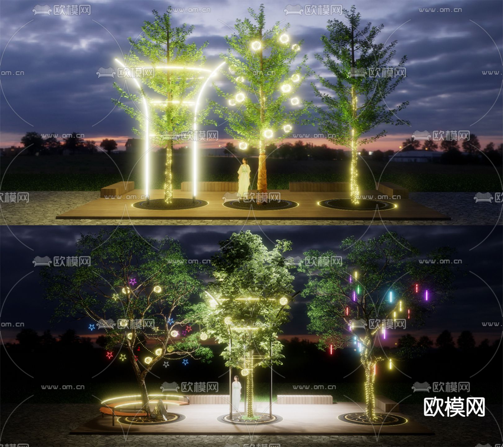 乔木 景观树 挂树灯 LED照树灯 景观树池su模型