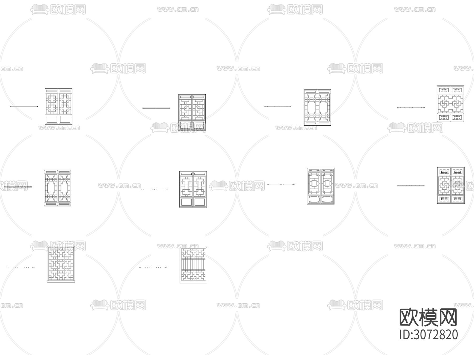 中式方格纹理隔断 屏风平面图cad图库下载