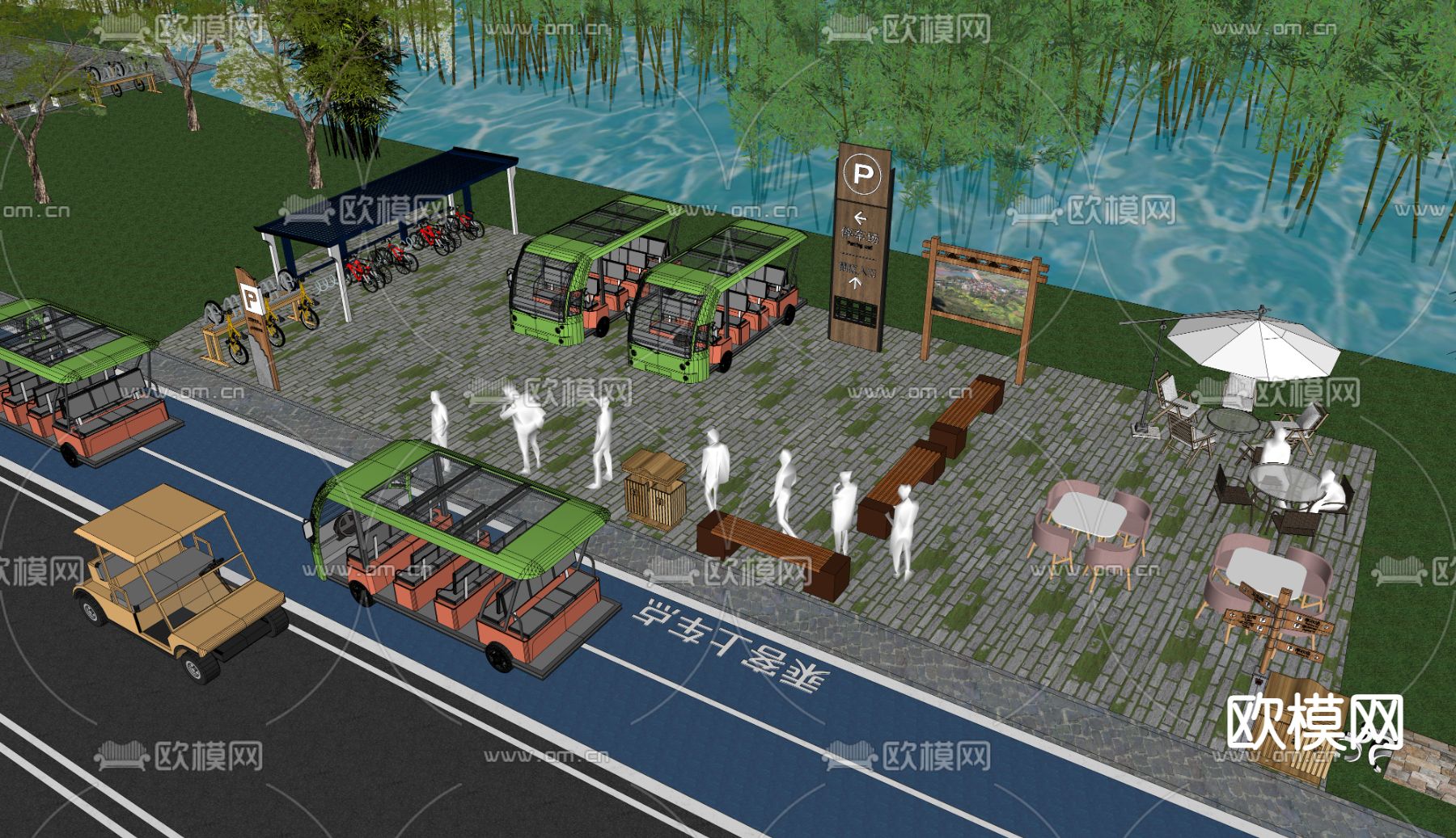 代服务驿站 观光车换乘 公交站su模型下载（渲染图2）