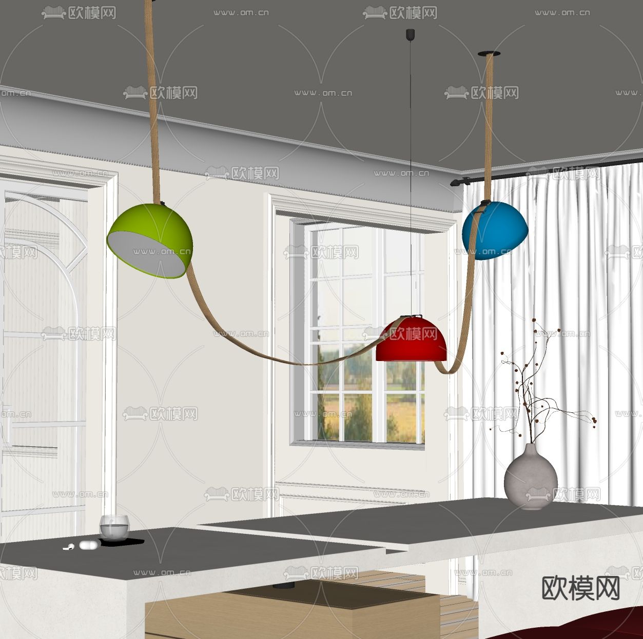 LEUCOS 线性吊灯 餐厅吊灯 多头吊灯su模型下载（渲染图2）