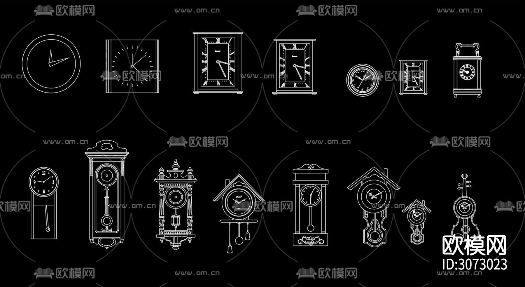 15个古典挂钟cad图库下载（渲染图1）