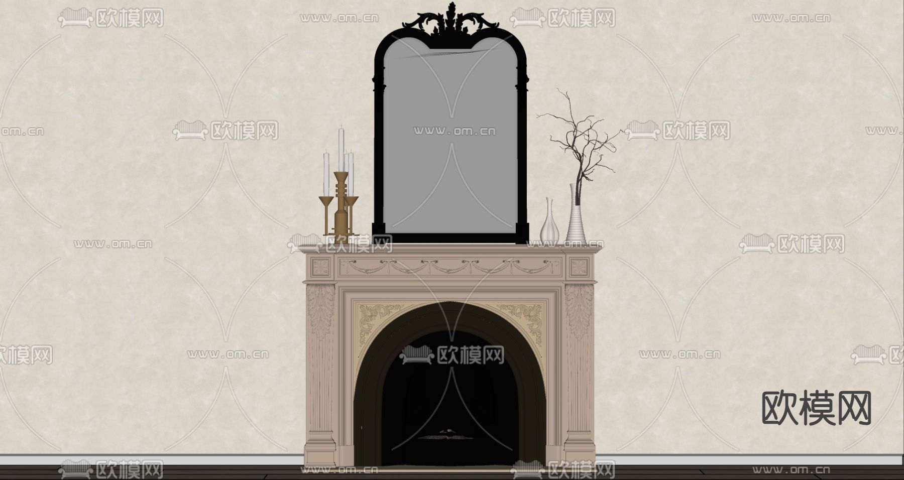 欧式壁炉 火炉 装饰镜su模型下载（渲染图2）